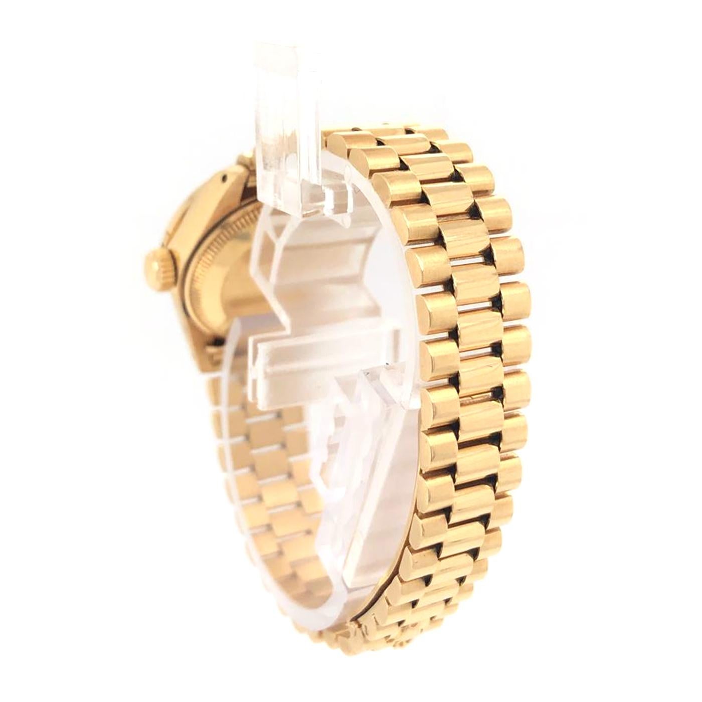Round Cut Rolex Women's President Yellow Gold Custom Diamond Bezel and White Diamond Dial