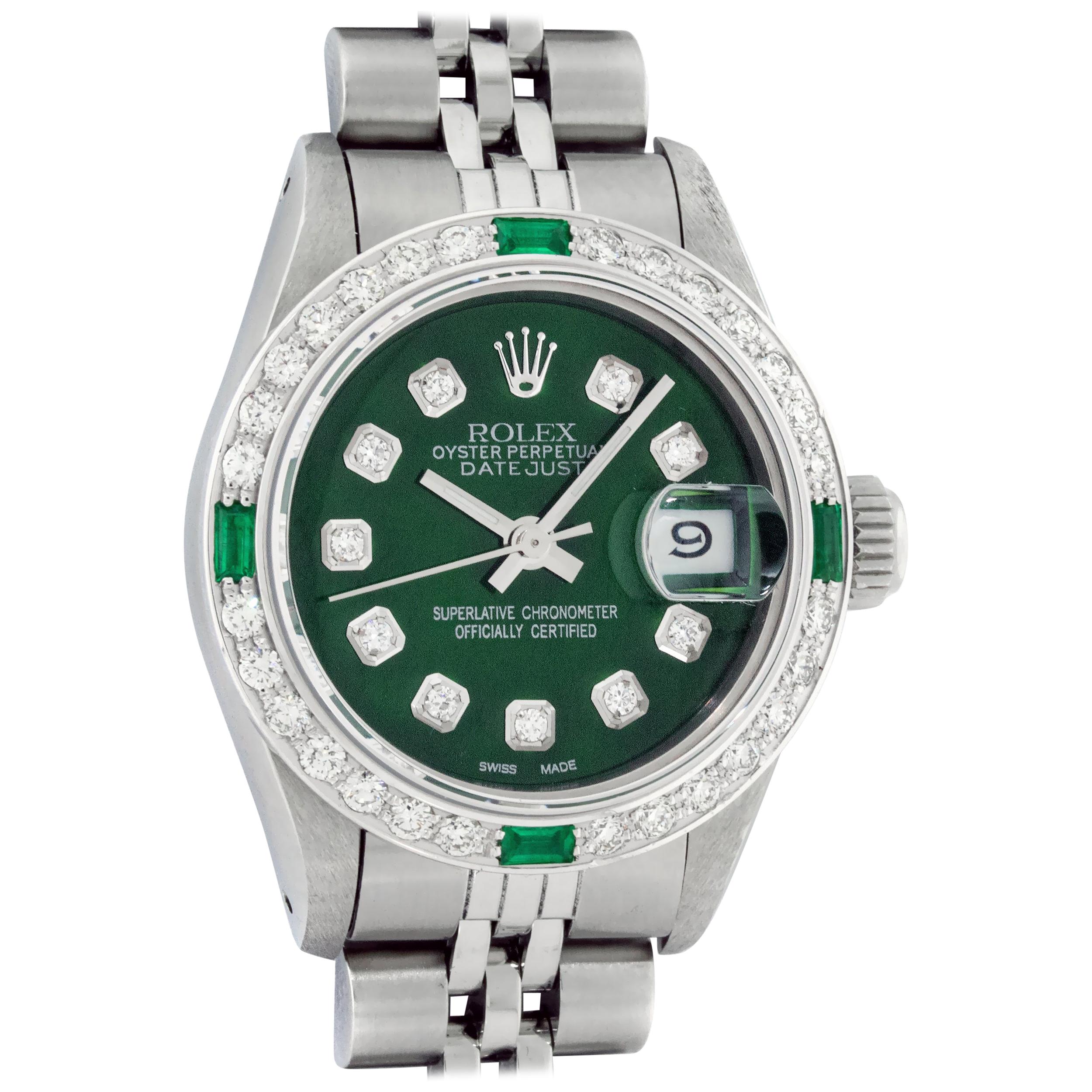 Rolex Women's Steel 18 Karat Gold Green Diamond and Emerald Datejust Wristwatch