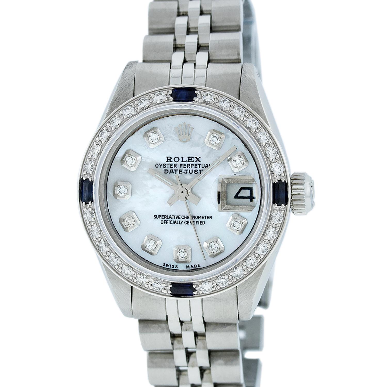 WATCH DESCRIPTION

BRAND : Rolex
MODEL : Datejust
CASE SIZE : 26mm
CASE : Rolex Stainless Steel Case
GENDER : Women's

WATCH FEATURES
 
DIAL : Rolex Custom Refinished Mother Of Pearl With Diamond Hour Markers
BEZEL : Custom 18K White Gold Bead-set