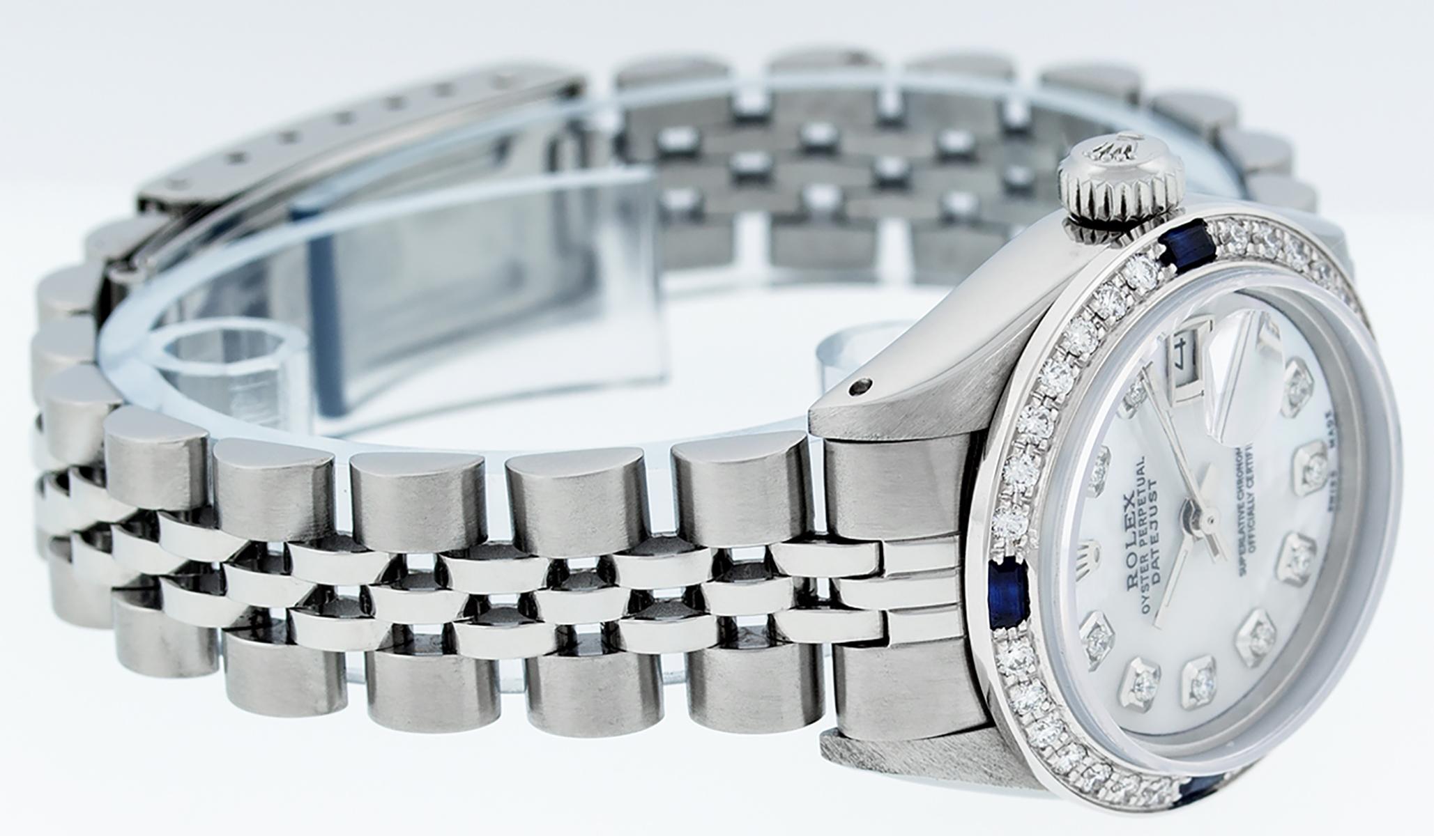 Round Cut Rolex Women's Steel 18 Karat Gold MOP Diamond and Sapphire Datejust Wristwatch