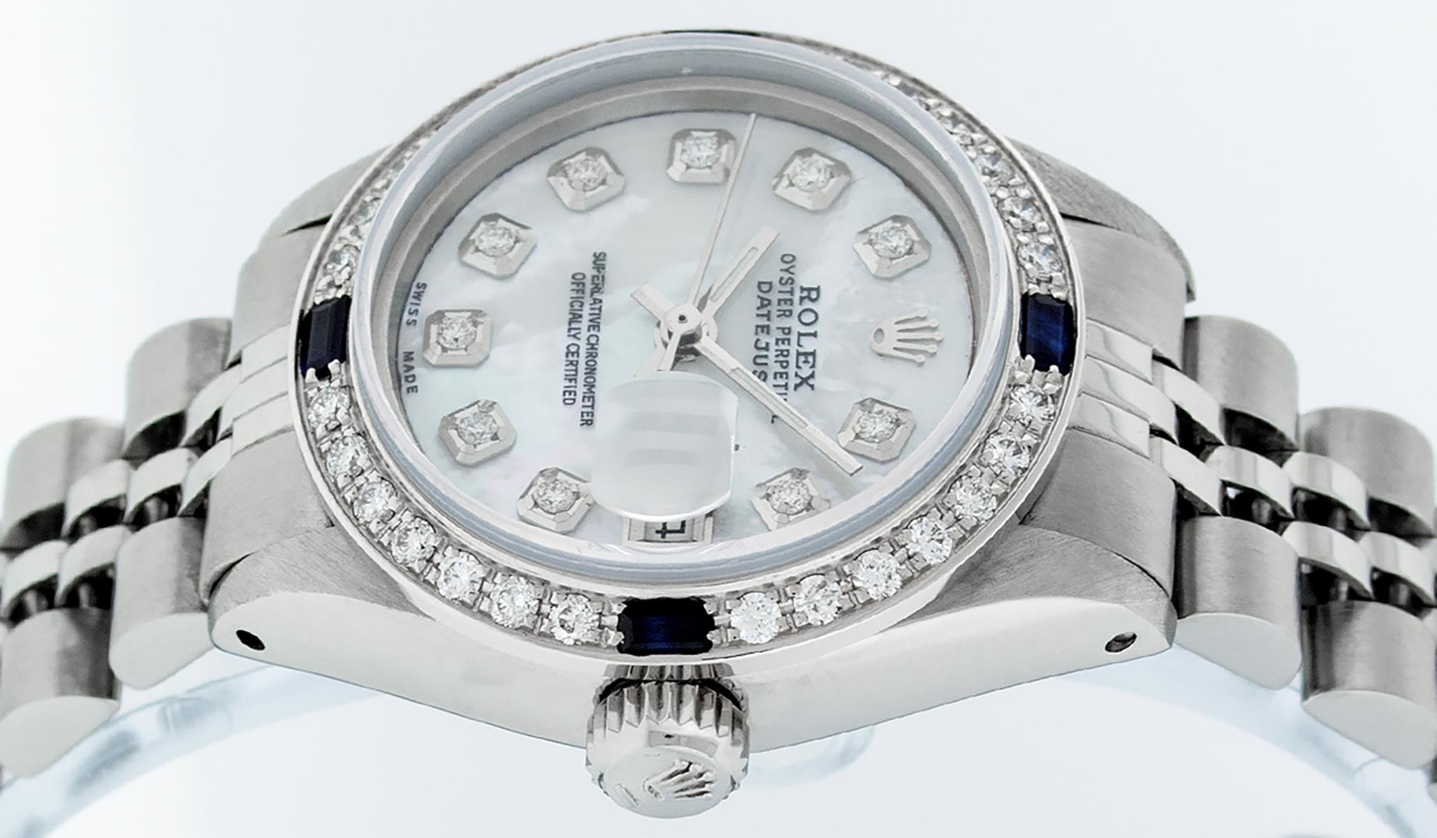 Rolex Women's Steel 18 Karat Gold MOP Diamond and Sapphire Datejust Wristwatch In Good Condition In Los Angeles, CA