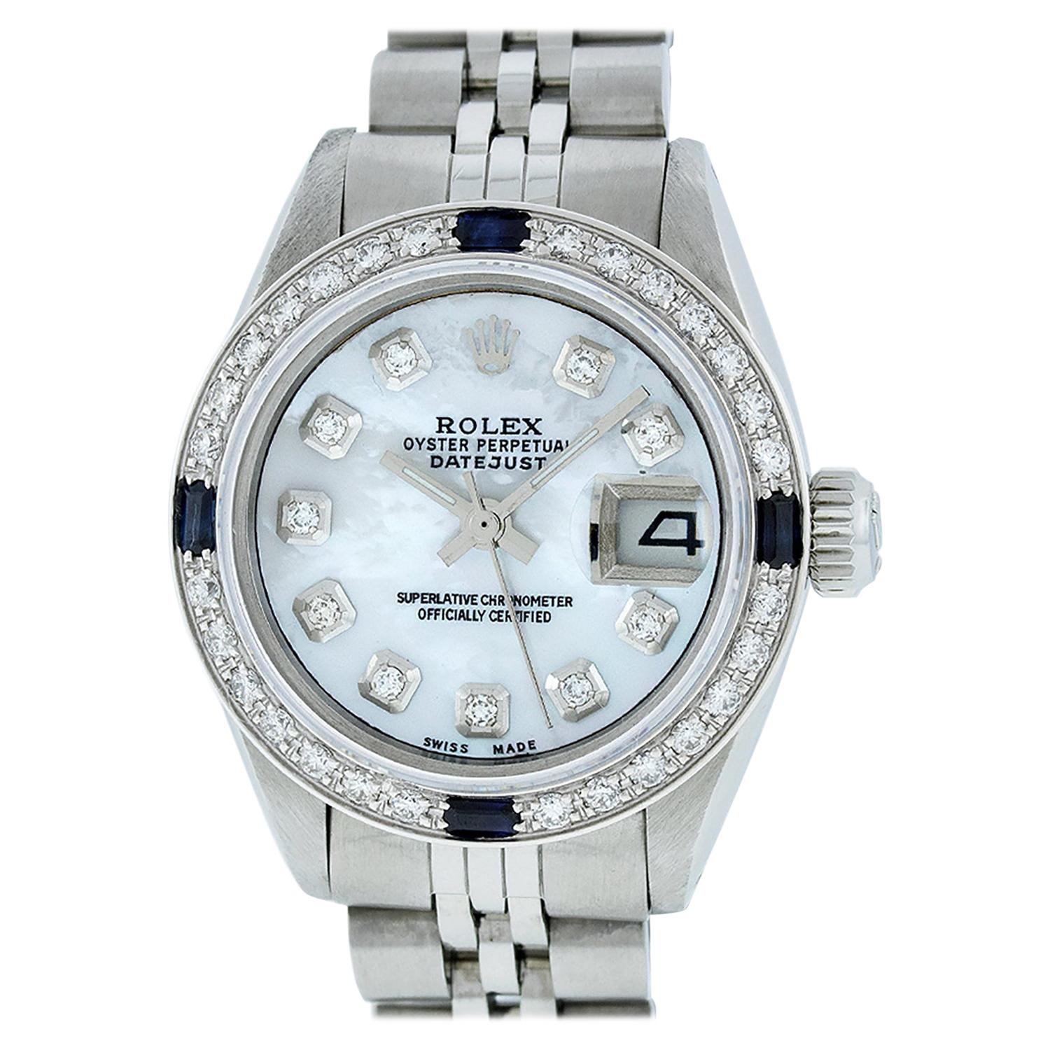 Rolex Women's Steel 18 Karat Gold MOP Diamond and Sapphire Datejust Wristwatch