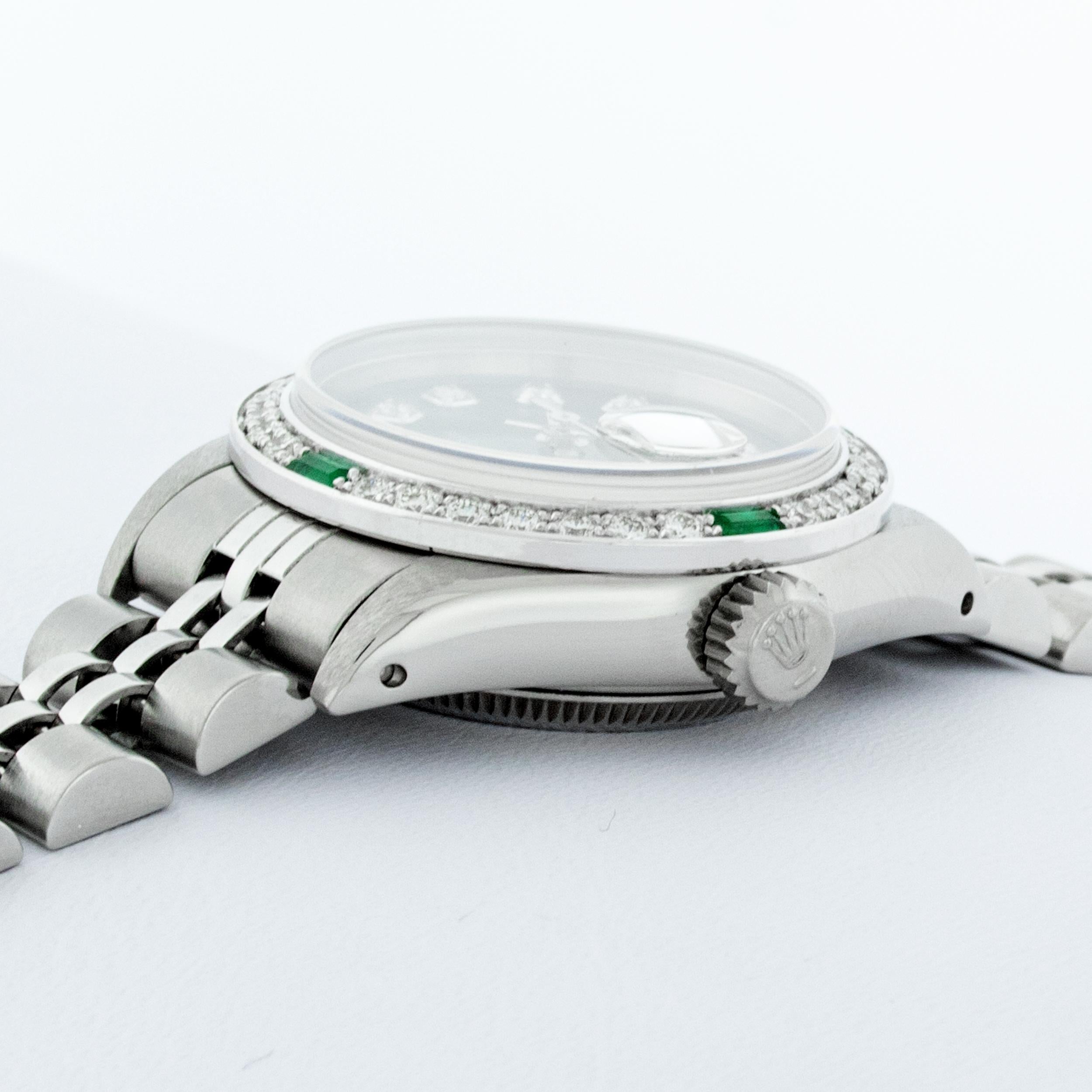 Rolex Women's Steel 18 Karat Gold Green Diamond and Emerald Datejust Wristwatch 6