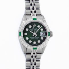 Rolex Women's Steel 18 Karat Gold Green Diamond and Emerald Datejust Wristwatch