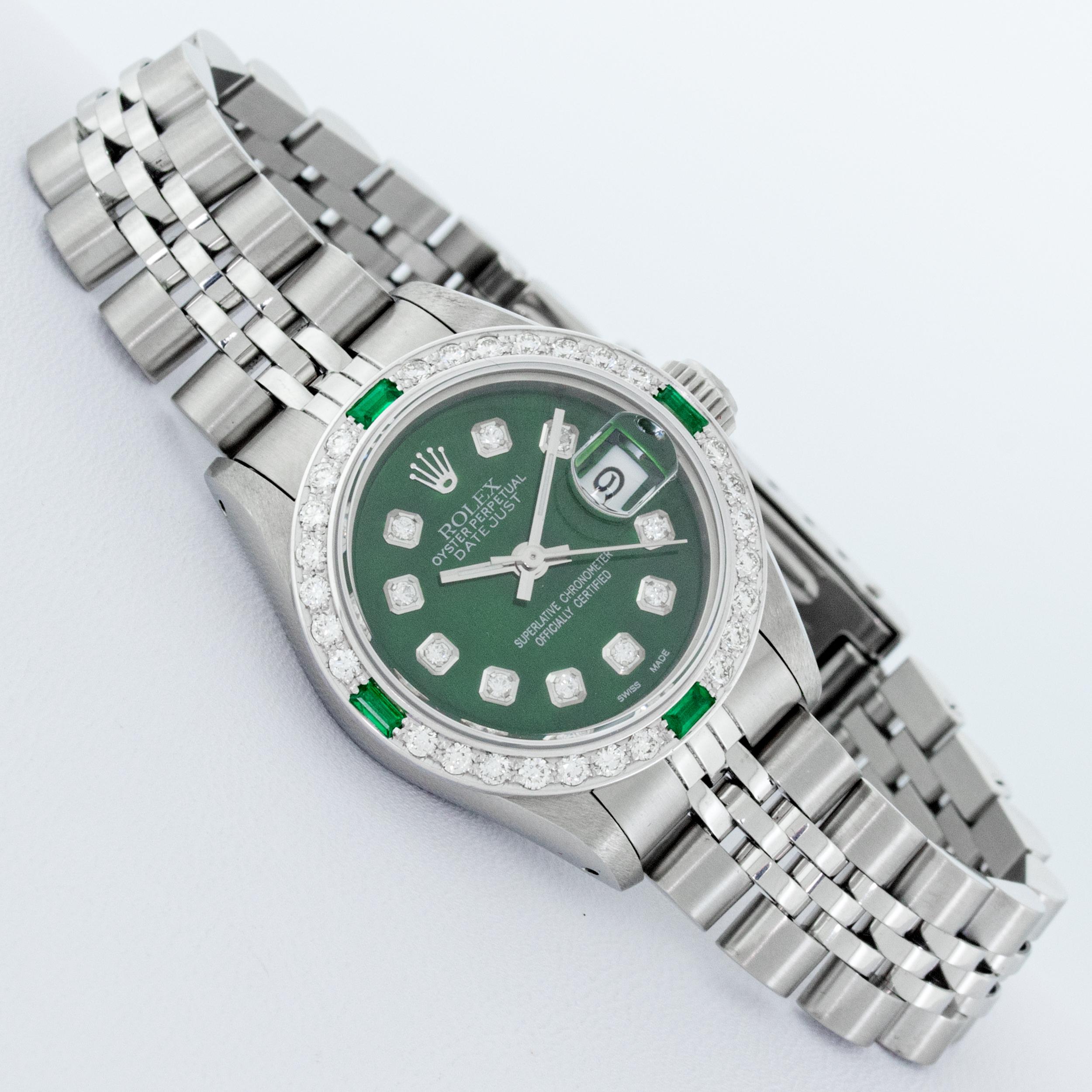 Round Cut Rolex Women's Steel 18 Karat Gold Green Diamond and Emerald Datejust Wristwatch