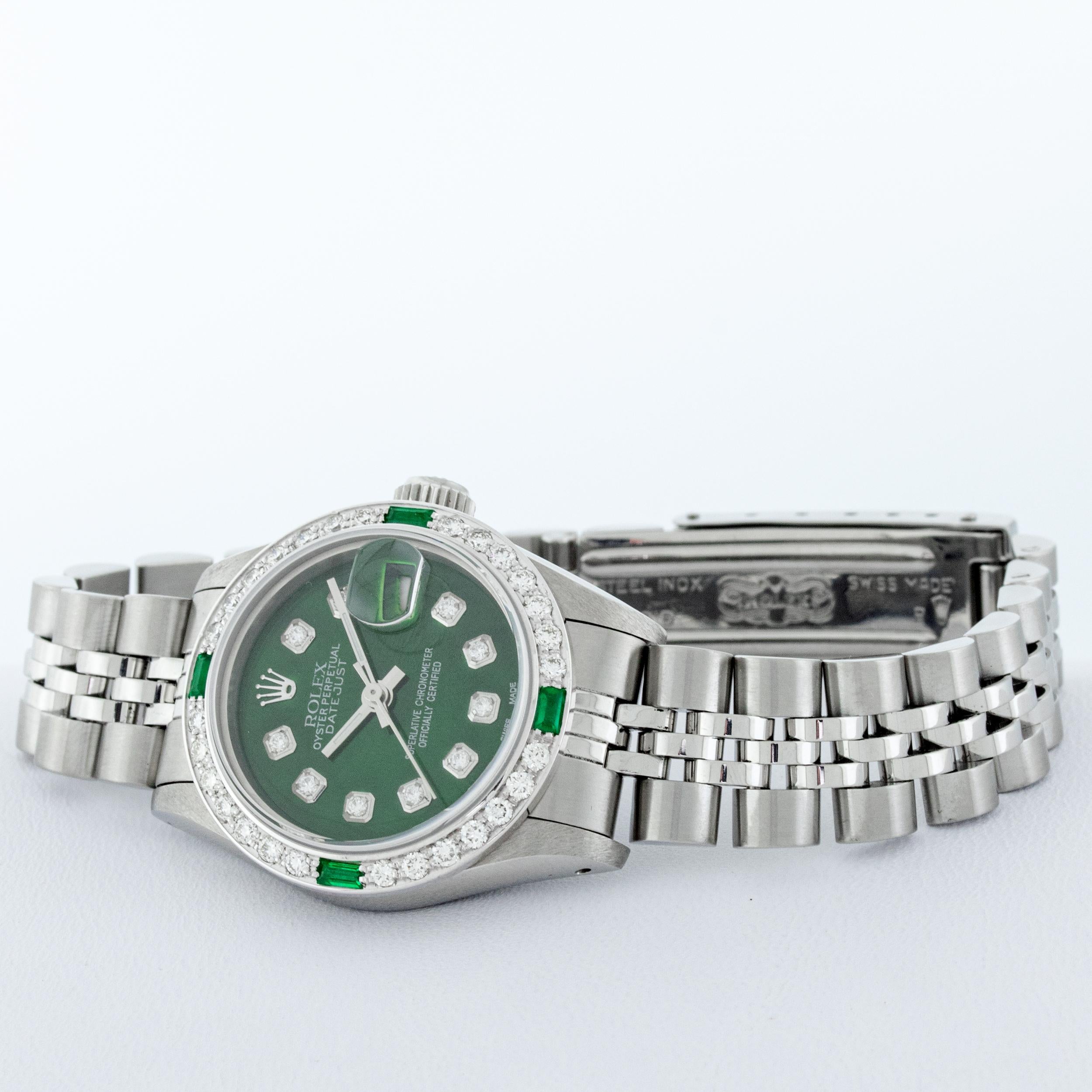 Rolex Women's Steel 18 Karat Gold Green Diamond and Emerald Datejust Wristwatch 1