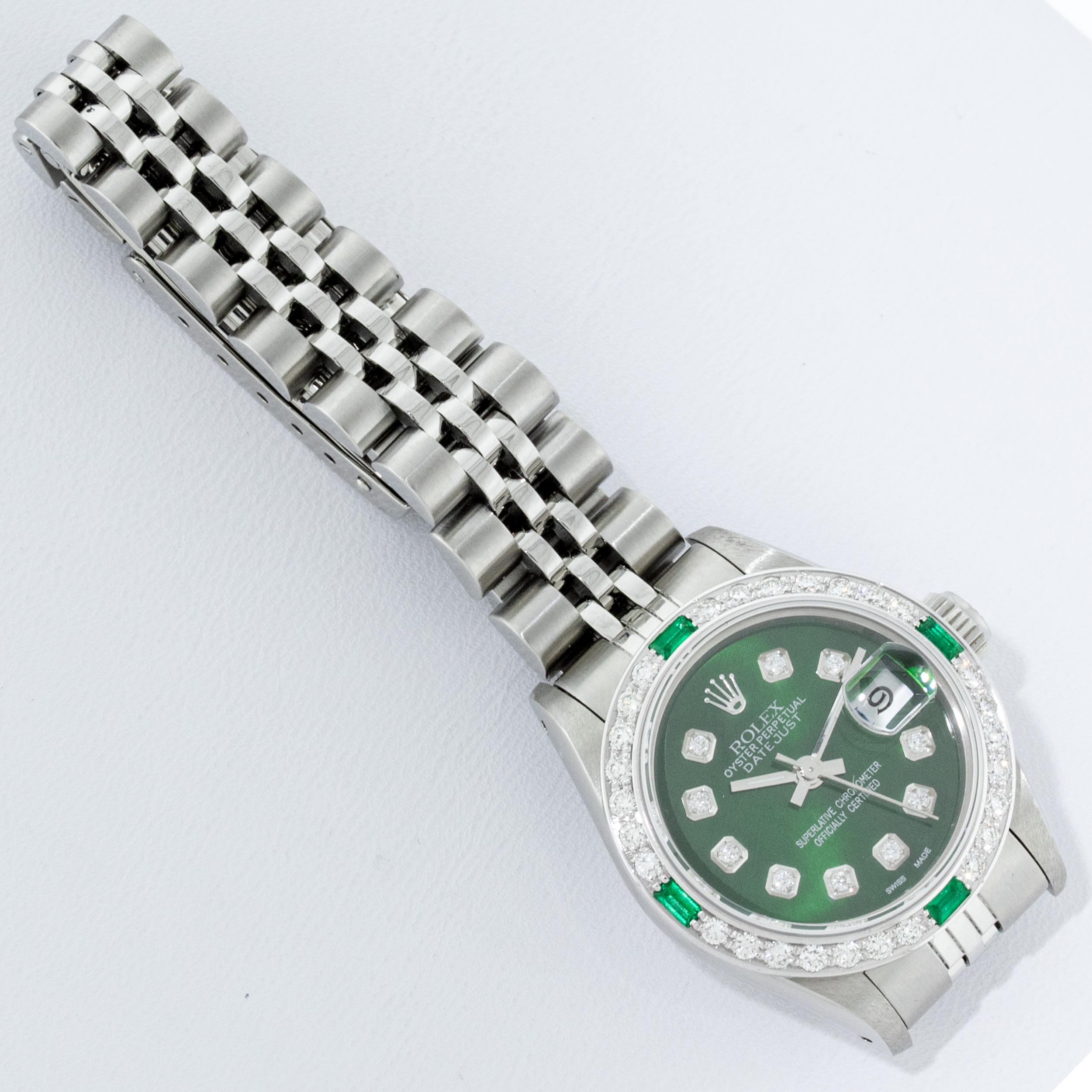 Rolex Women's Steel 18 Karat Gold Green Diamond and Emerald Datejust Wristwatch 2