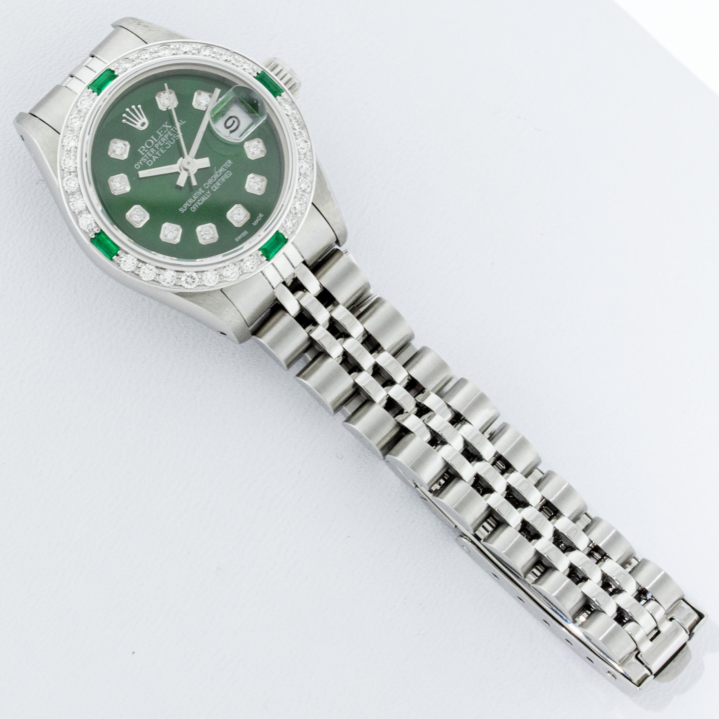 Rolex Women's Steel 18 Karat Gold Green Diamond and Emerald Datejust Wristwatch 3