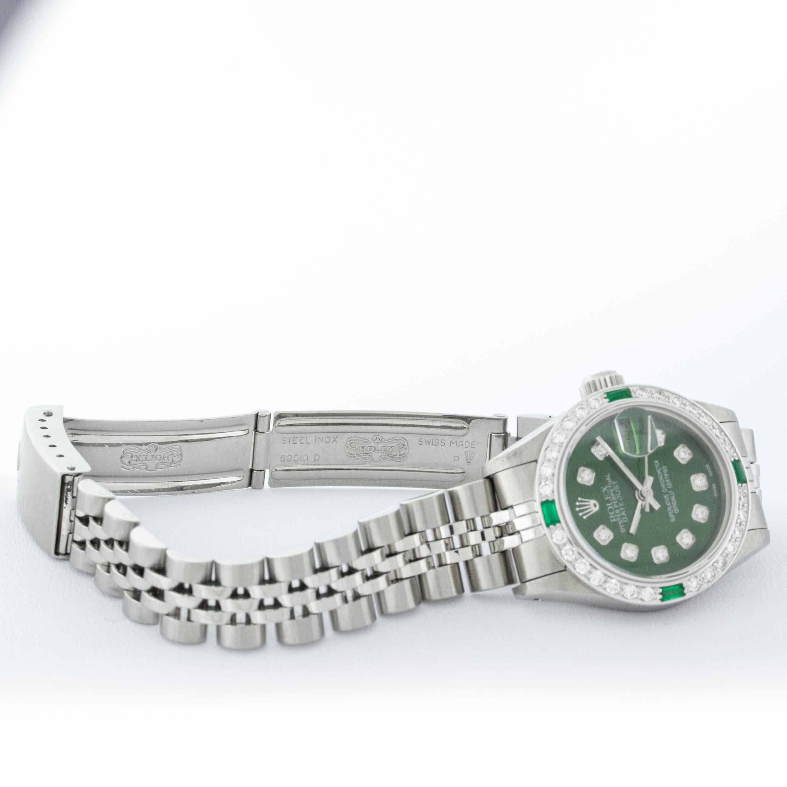 Rolex Women's Steel 18 Karat Gold Green Diamond and Emerald Datejust Wristwatch 4