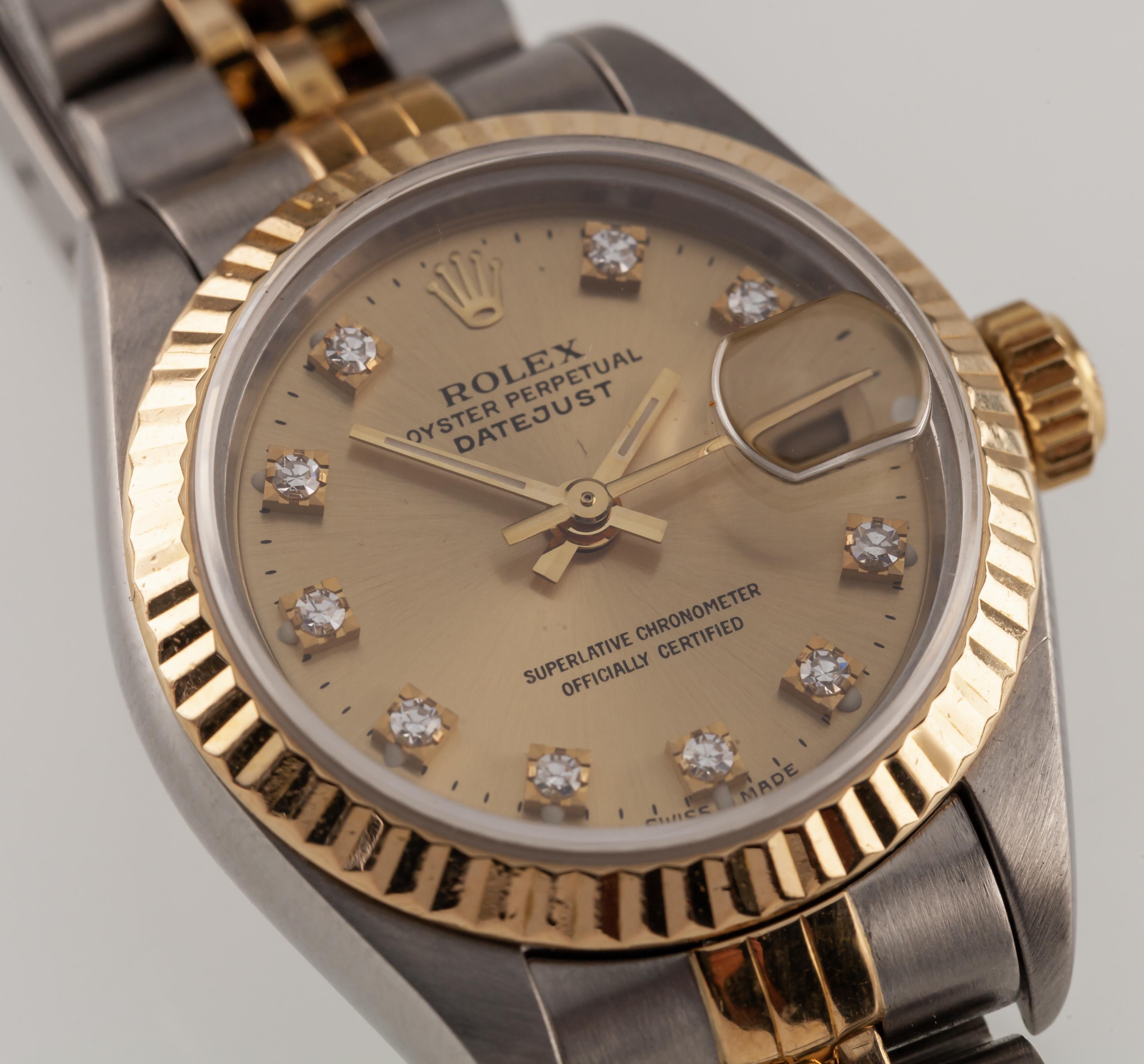 Round Cut Rolex Women's Two-Tone Datejust w/ Diamond Dial Jubilee Band 69173 For Sale