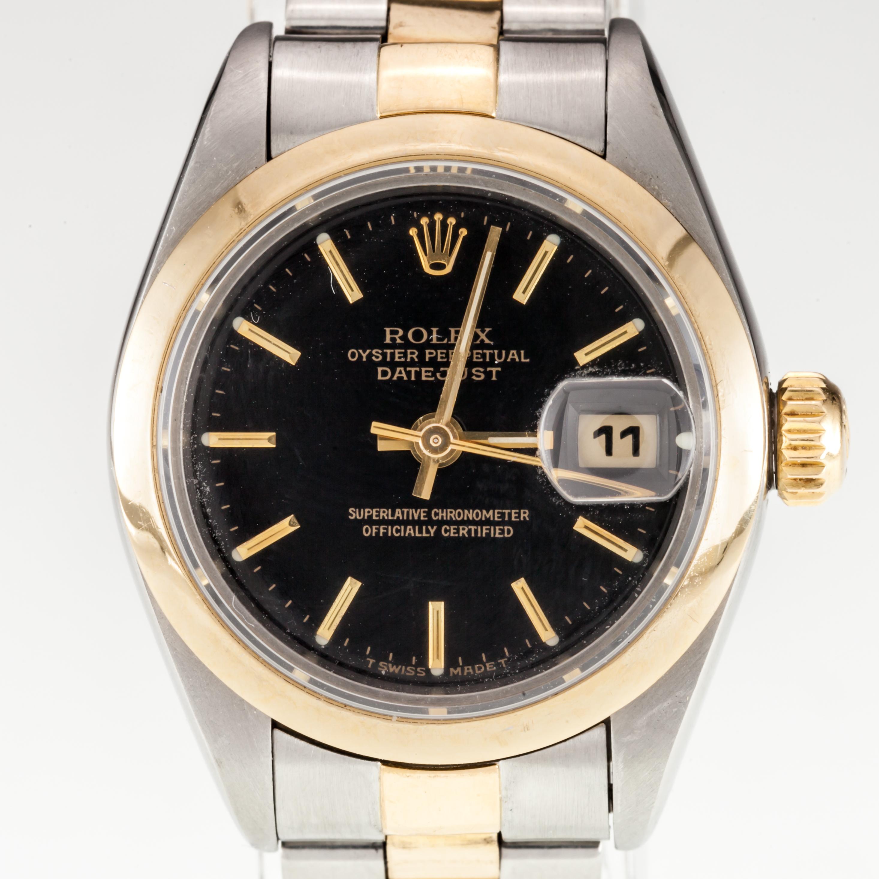 Modern Rolex Women's Two Tone Stainless & 18k Gold Opdj with Black Dial 79163 For Sale