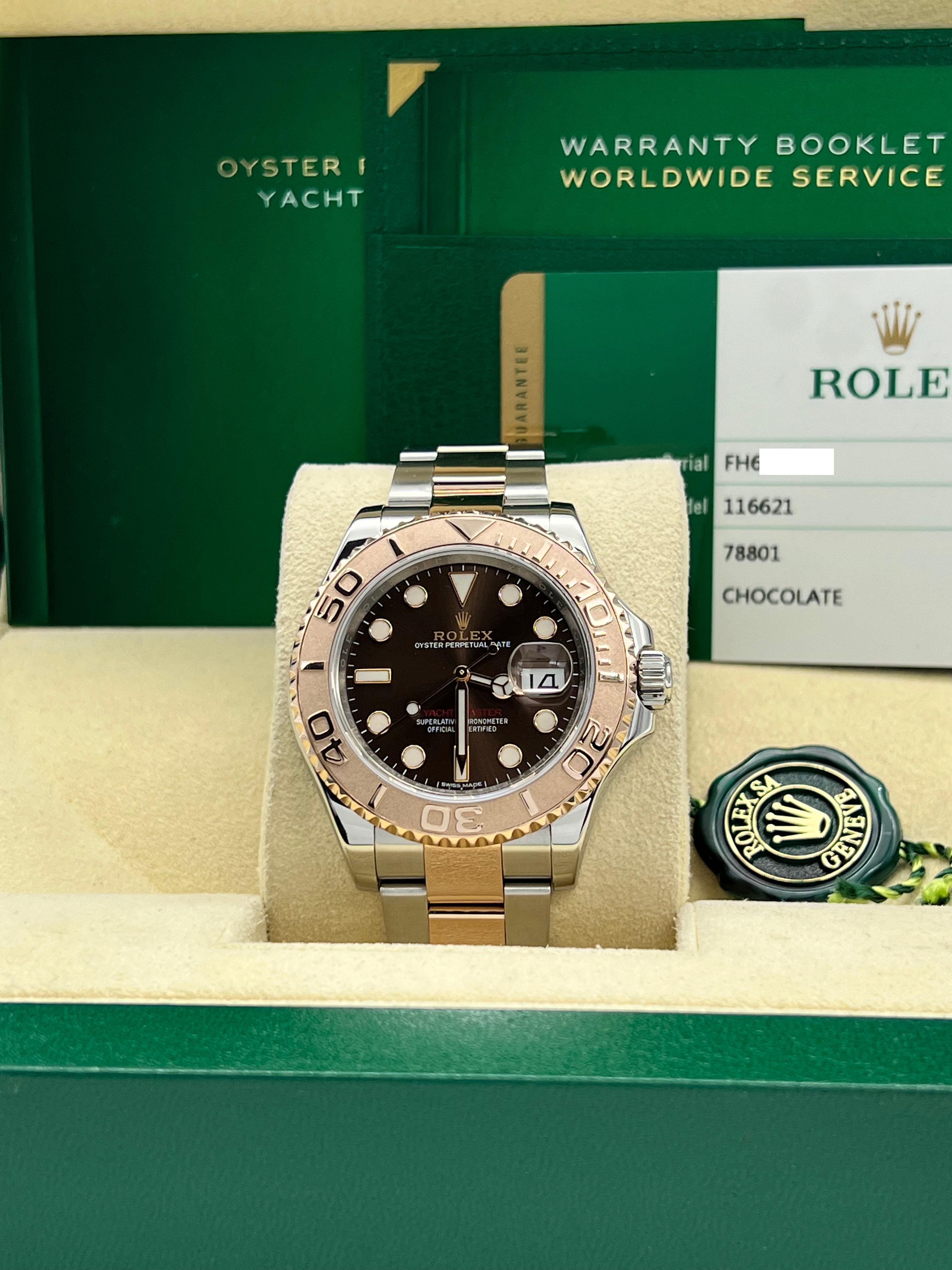 Style Number: 116621



Serial: FH631***



Year: 2018

 

Model: Rolex Yacht Master 

 

Case Material: Stainless Steel 

 

Band: 18K Rose Gold & Stainless Steel 

 

Bezel: 18K Rose Gold 

 

Dial: Chocolate Dial 

 

Face: Sapphire Crystal 

