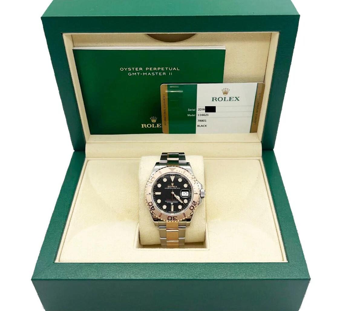 Numéro de style : 116621

 

Numéro de série : 2D9H5***


Année : 2018

 

Modèle : Rolex Yacht Master

 

Matériau du boîtier : Acier inoxydable

 

Bande : Or rose 18K et acier inoxydable

 

Lunette : or rose 18 carats

 

Cadran : Noir


