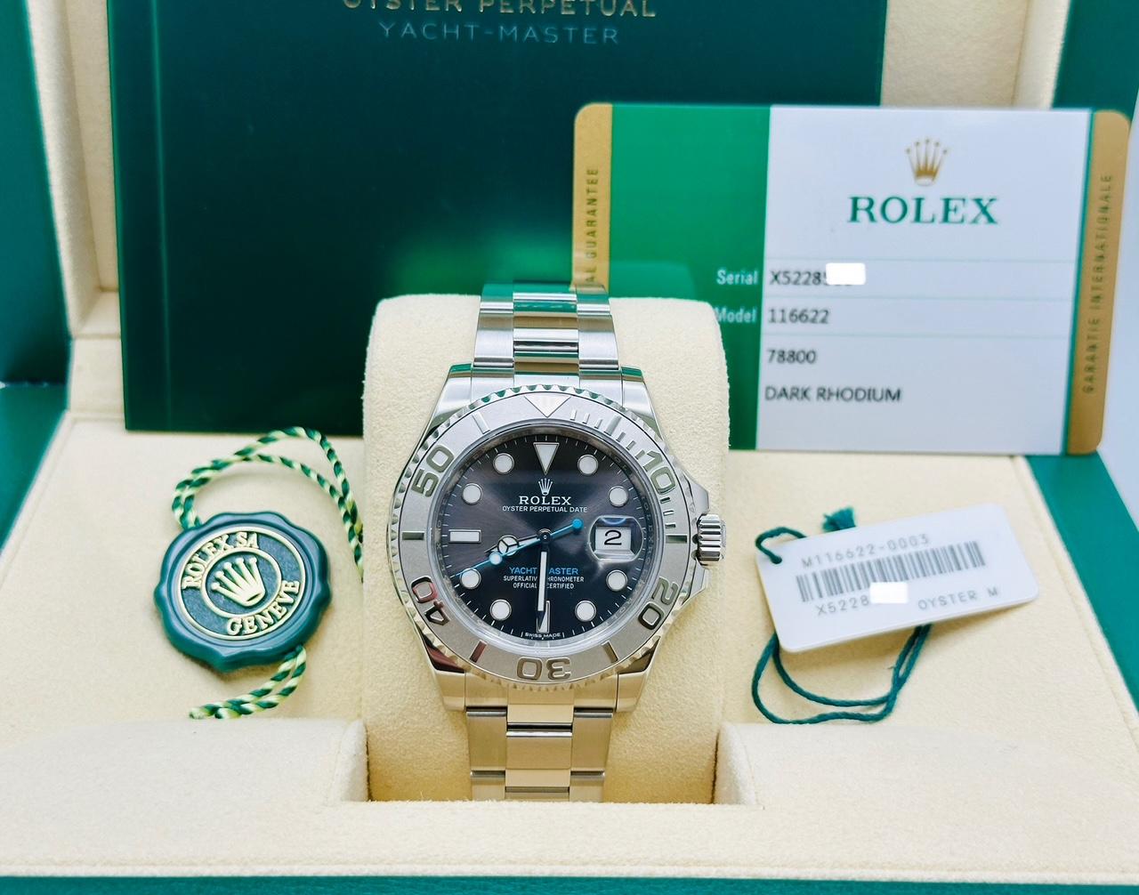 Style Number: 116622

Serial: X5228***

Year: 2019

Model: Rolex Yacht-Master 

Case Material: Stainless Steel

Band: Stainless Steel

Bezel: Platinum 

Dial: Rhodium

Crystal: Sapphire Crystal

Case Size: 40mm

Includes: 
-Rolex Box &