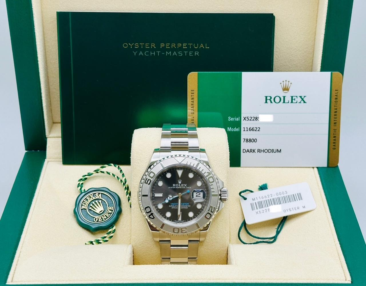 Stil Nummer: 116622



Seriennummer: X5228***



Jahr: 2019

 

Modell: Rolex Yacht-Master 

 

MATERIAL des Gehäuses: Rostfreier Stahl

 

Band: Rostfreier Stahl

   

Lünette: Platin 

  

Zifferblatt: Rhodium

 

Kristall: Saphirglas

