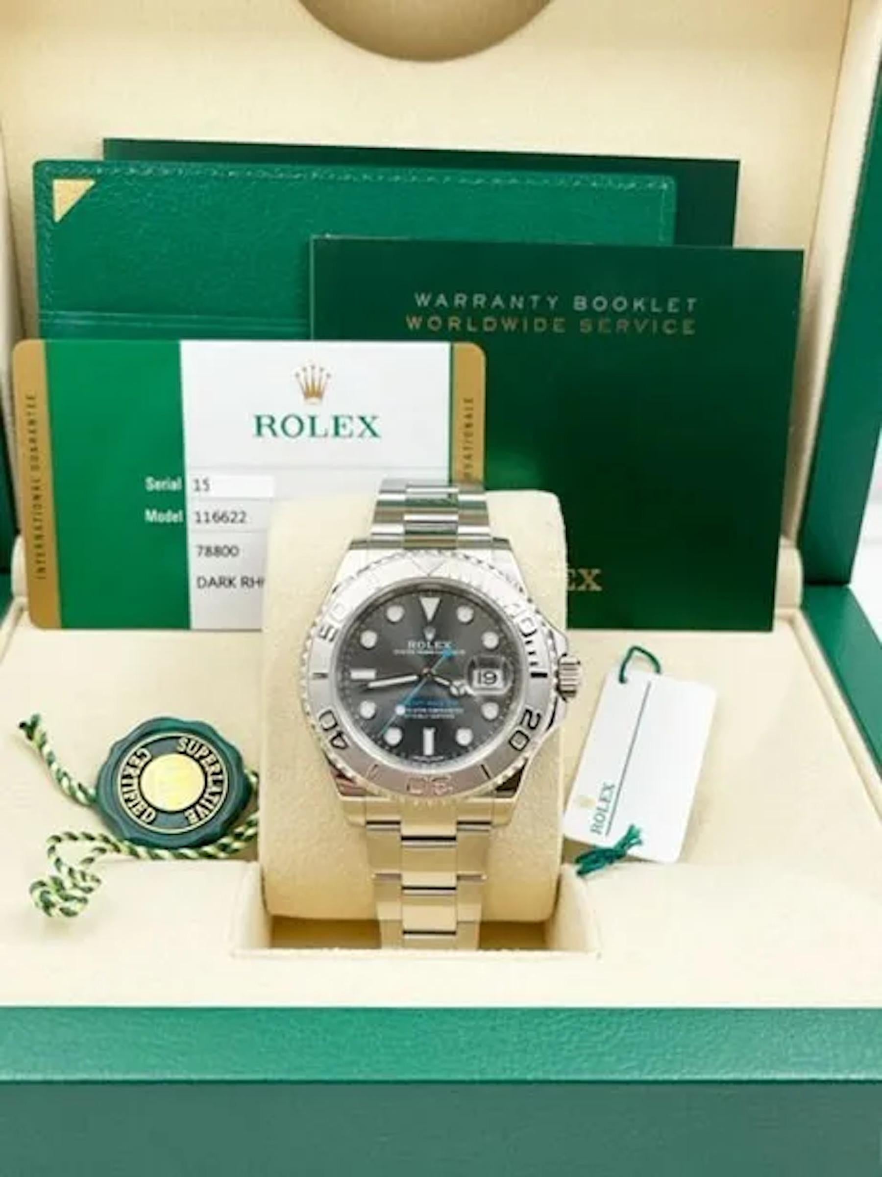 Numero di stile: 116622
Seriale: 1510R***
Anno: 2018
Model: Rolex Yacht Master
Materiale della cassa: Acciaio inossidabile
Fascia: Acciaio inossidabile
Lunetta:  Platino 
Quadrante: Quadrante grigio rodio 
Volto: Cristallo di zaffiro 
Dimensioni