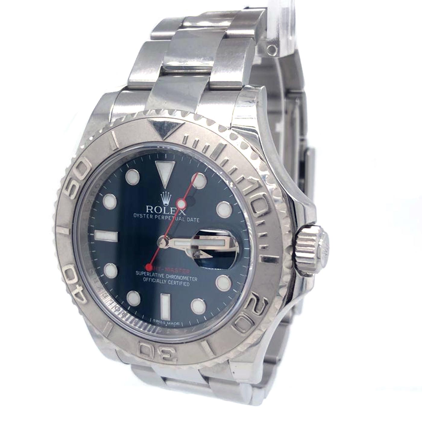 Rolex Yachtmaster 116622 Men Watch. 40mm Stainless Steel case. Platinum Bidirectional bezel. Blue dial with Luminous Steel hands and index, dot hour markers. Minute markers on the outer dial. Date display at the 3 o'clock position. Stainless Steel