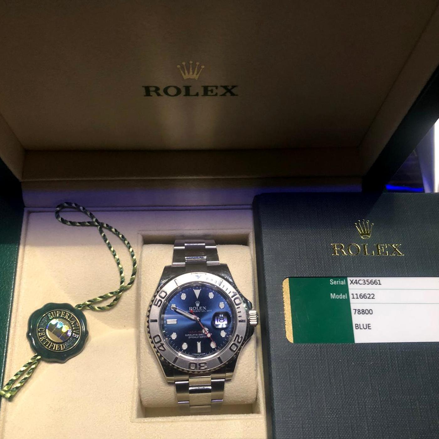 Rolex Yacht-Master 116622 Blue Dial Steel Platinum Bezel Men's Watch Papers Box In Good Condition In Aventura, FL