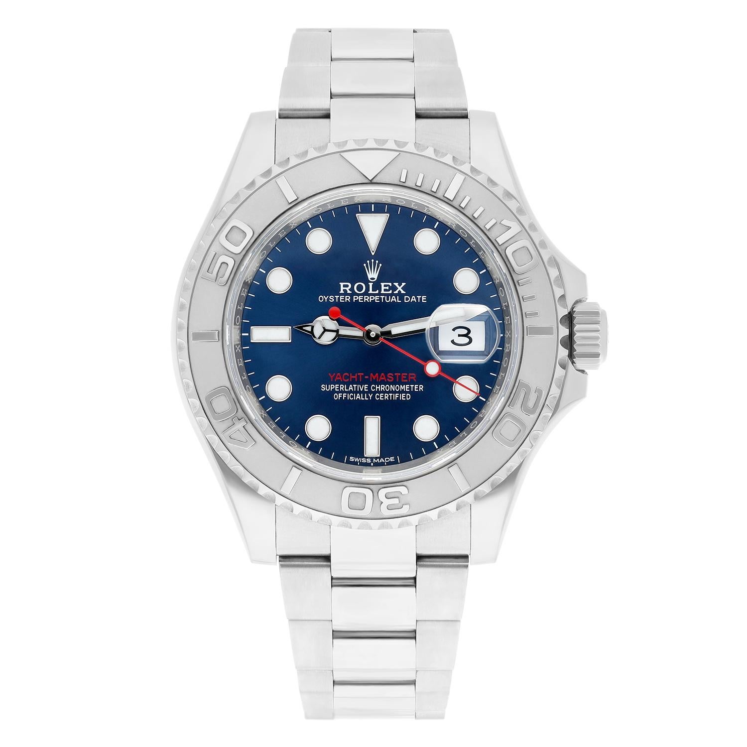 Rolex Yacht-Master 116622 Silver Oyster Bracelet with Blue Dial Red Hand

This watch has been professionally polished, serviced and does not have any visible scratches or blemishes. It is a genuine Rolex which has been inspected to verify