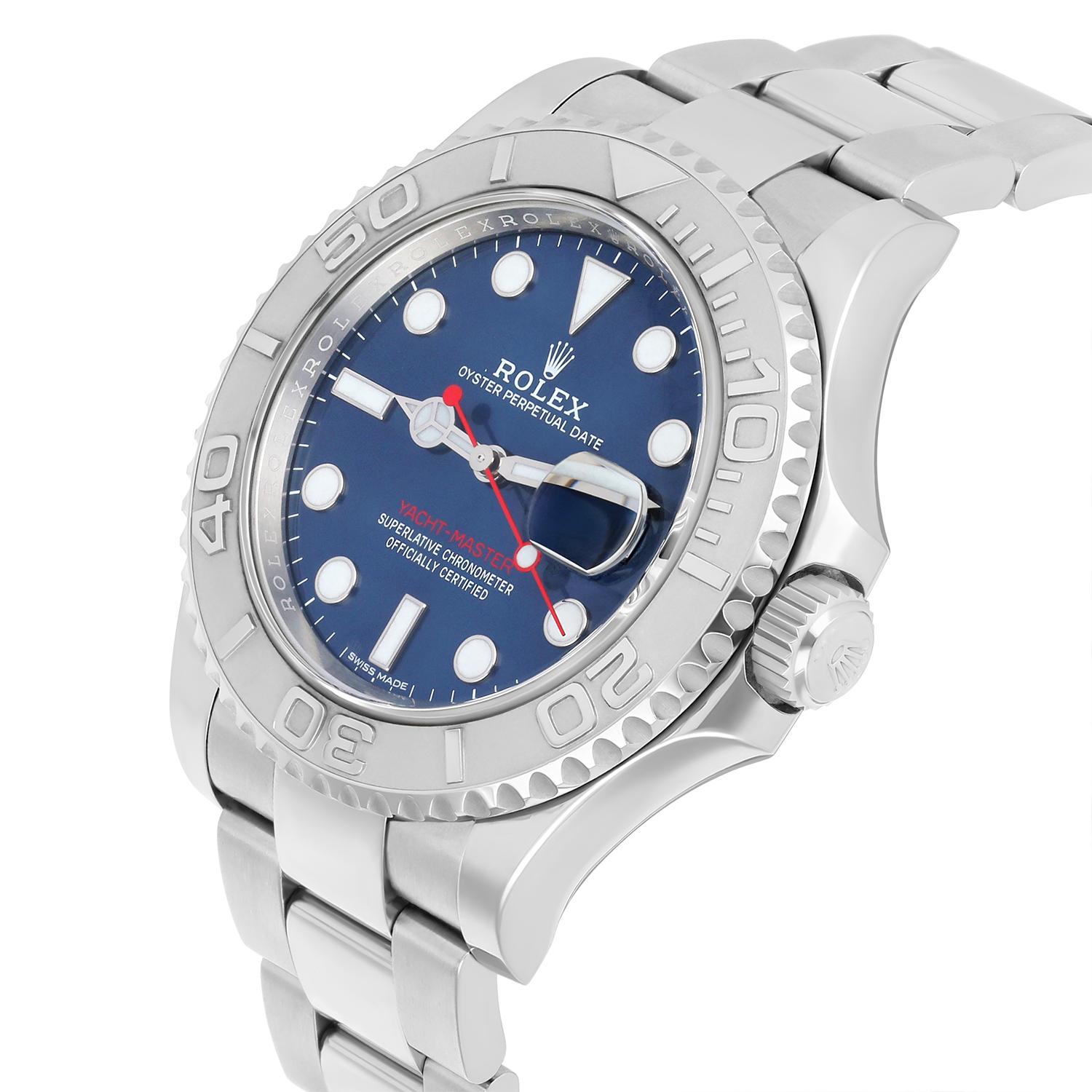 Modern Rolex Yacht-Master 116622 Silver Oyster Bracelet with Blue Dial Red Hand For Sale