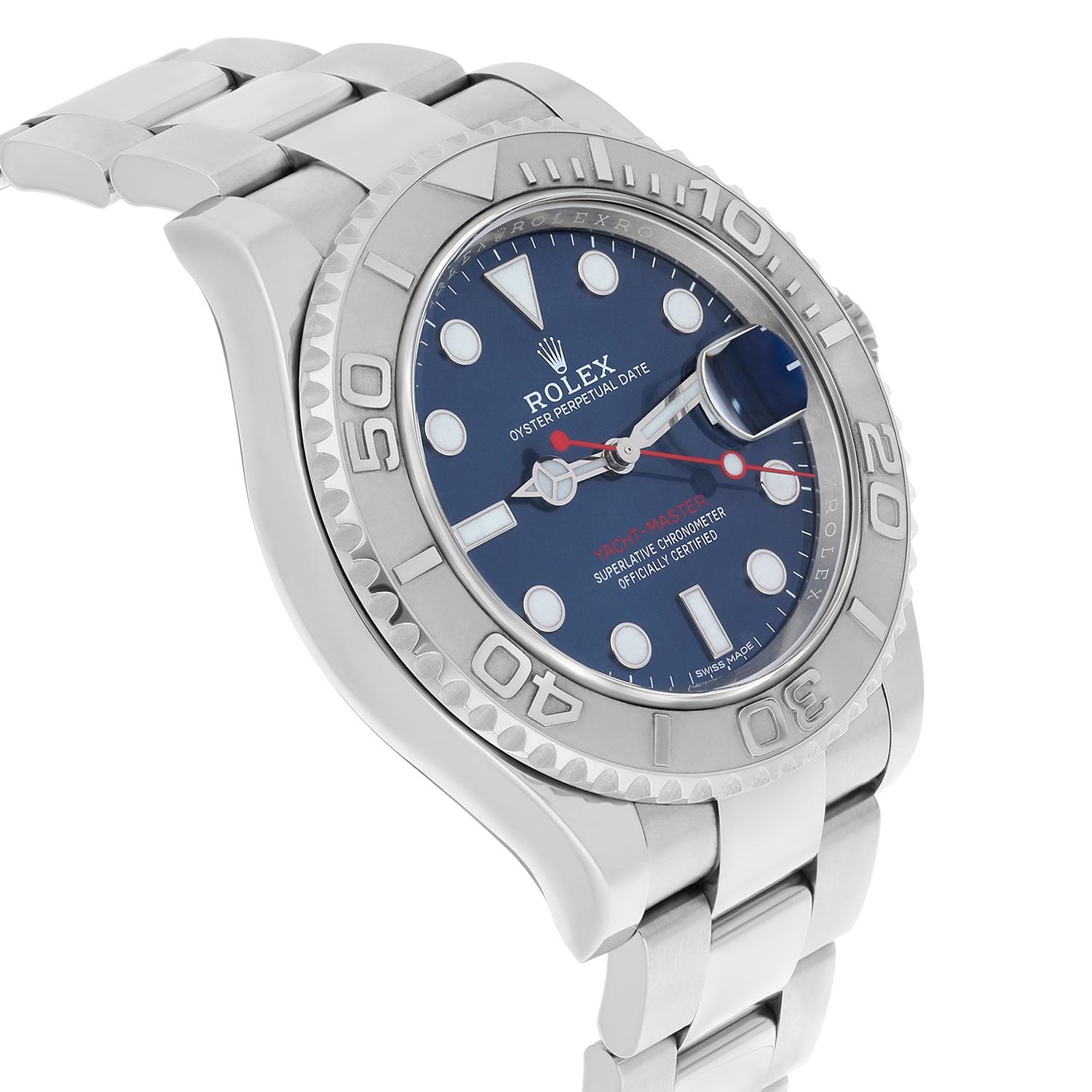 Rolex Yacht-Master 116622 Silver Oyster Bracelet with Blue Dial Red Hand In Excellent Condition For Sale In New York, NY