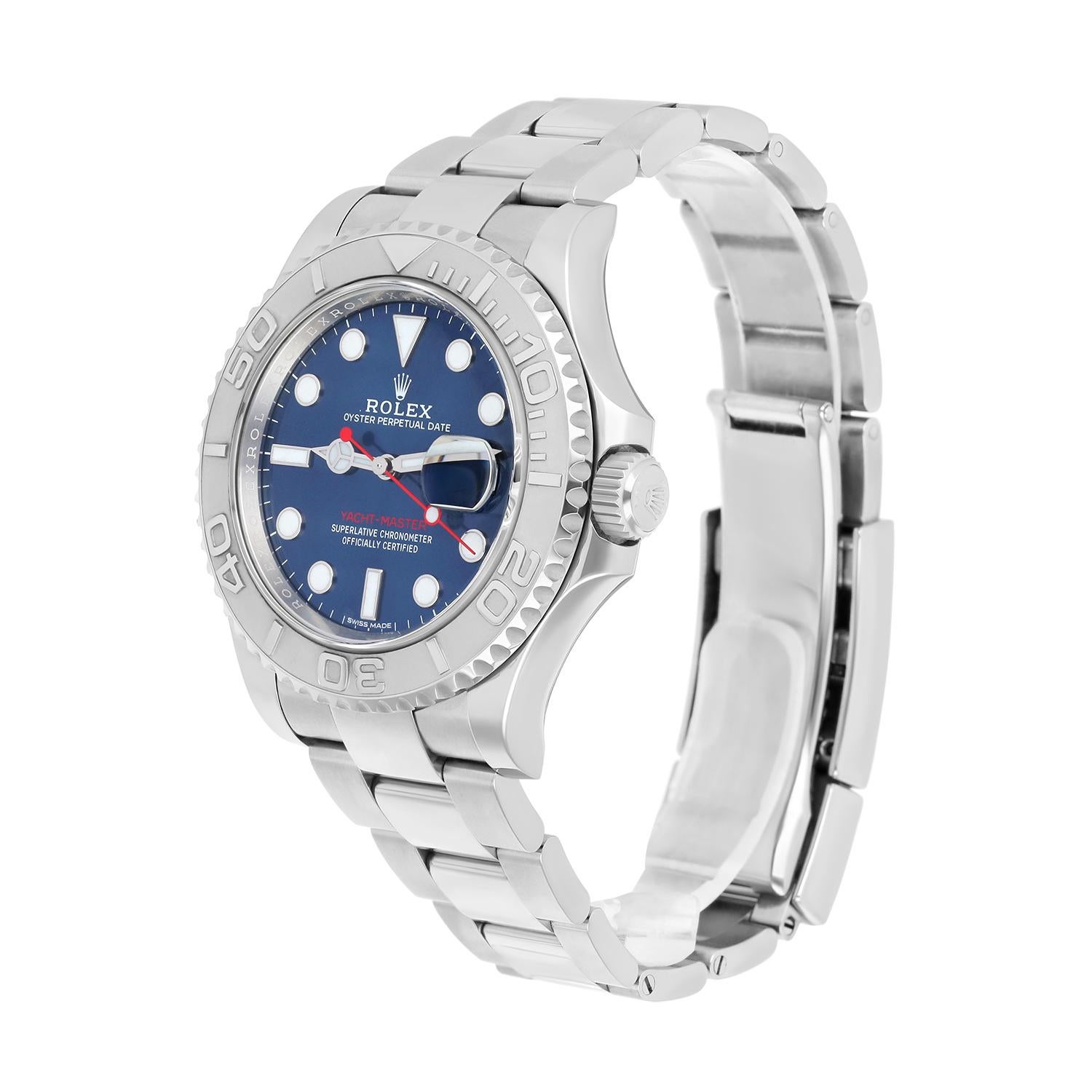 Men's Rolex Yacht-Master 116622 Silver Oyster Bracelet with Blue Dial Red Hand For Sale