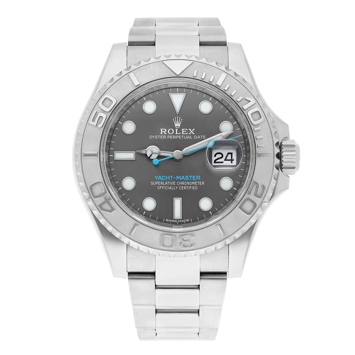 Rolex Yacht-Master 116622 Silver Oyster Bracelet with Gray Bezel Blue Hand

This watch has been professionally polished, serviced and does not have any visible scratches or blemishes. It is a genuine Rolex which has been inspected to verify