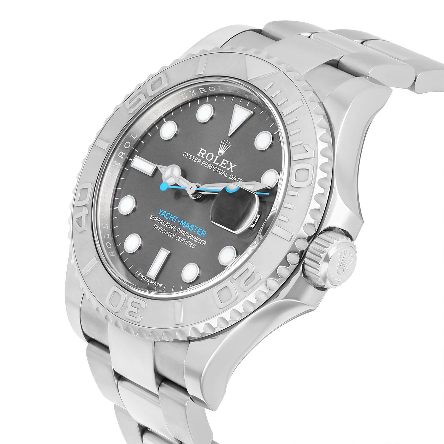 Modern Rolex Yacht-Master 116622 Silver Oyster Bracelet with Gray Bezel Blue Hand For Sale