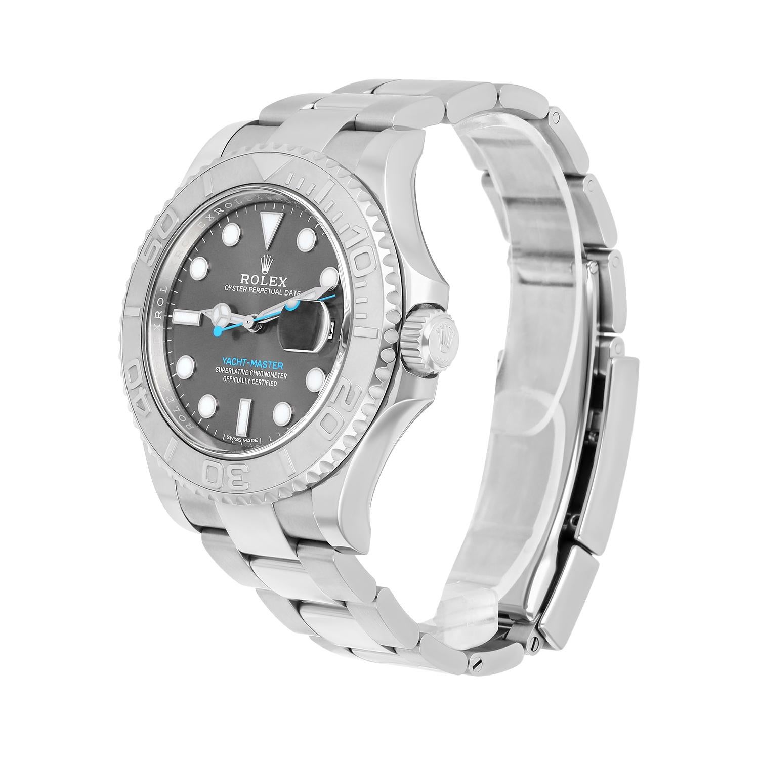 Men's Rolex Yacht-Master 116622 Silver Oyster Bracelet with Gray Bezel Blue Hand For Sale