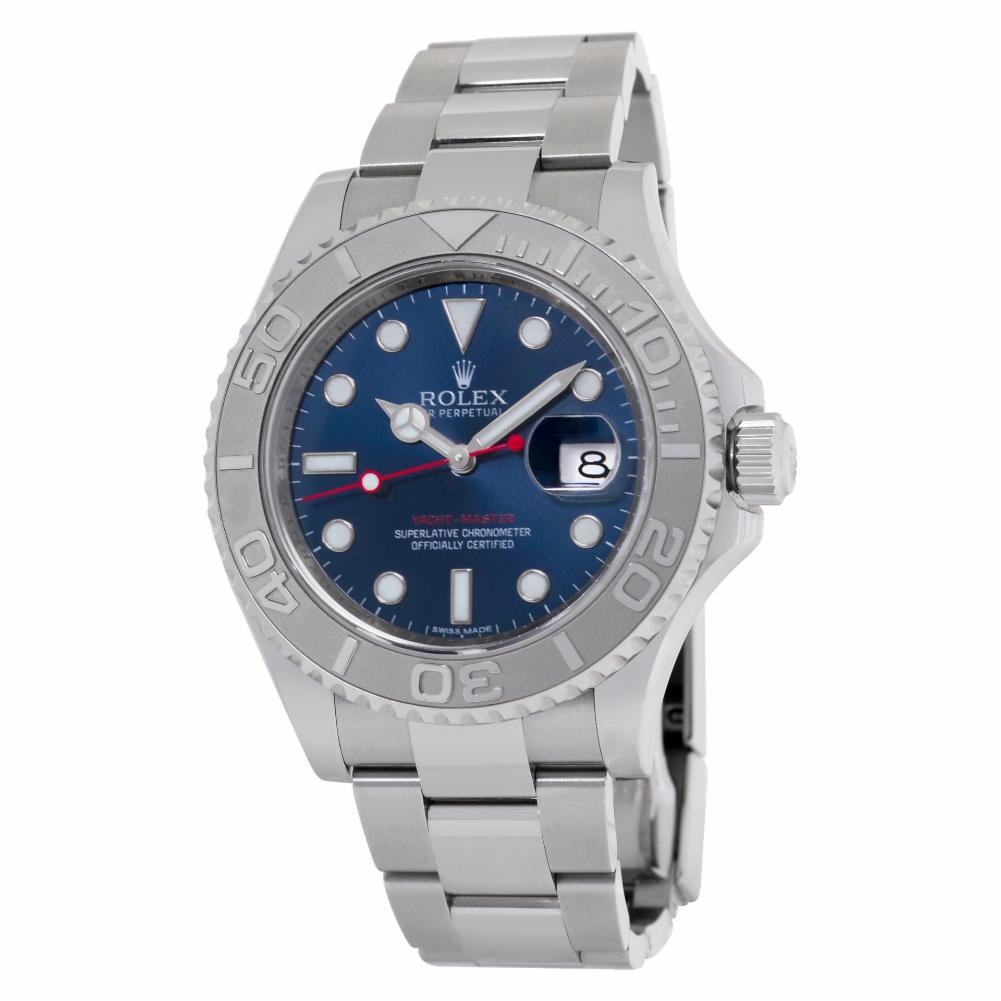 Rolex Yachtmaster in stainless steel with platinum bezel and blue dial. Auto w/ sweep seconds and date. 40 mm case size. Ref 116622. Circa 2010s. Fine Pre-owned Rolex Watch. Certified preowned Sport Rolex Yacht-Master 116622 watch is made out of