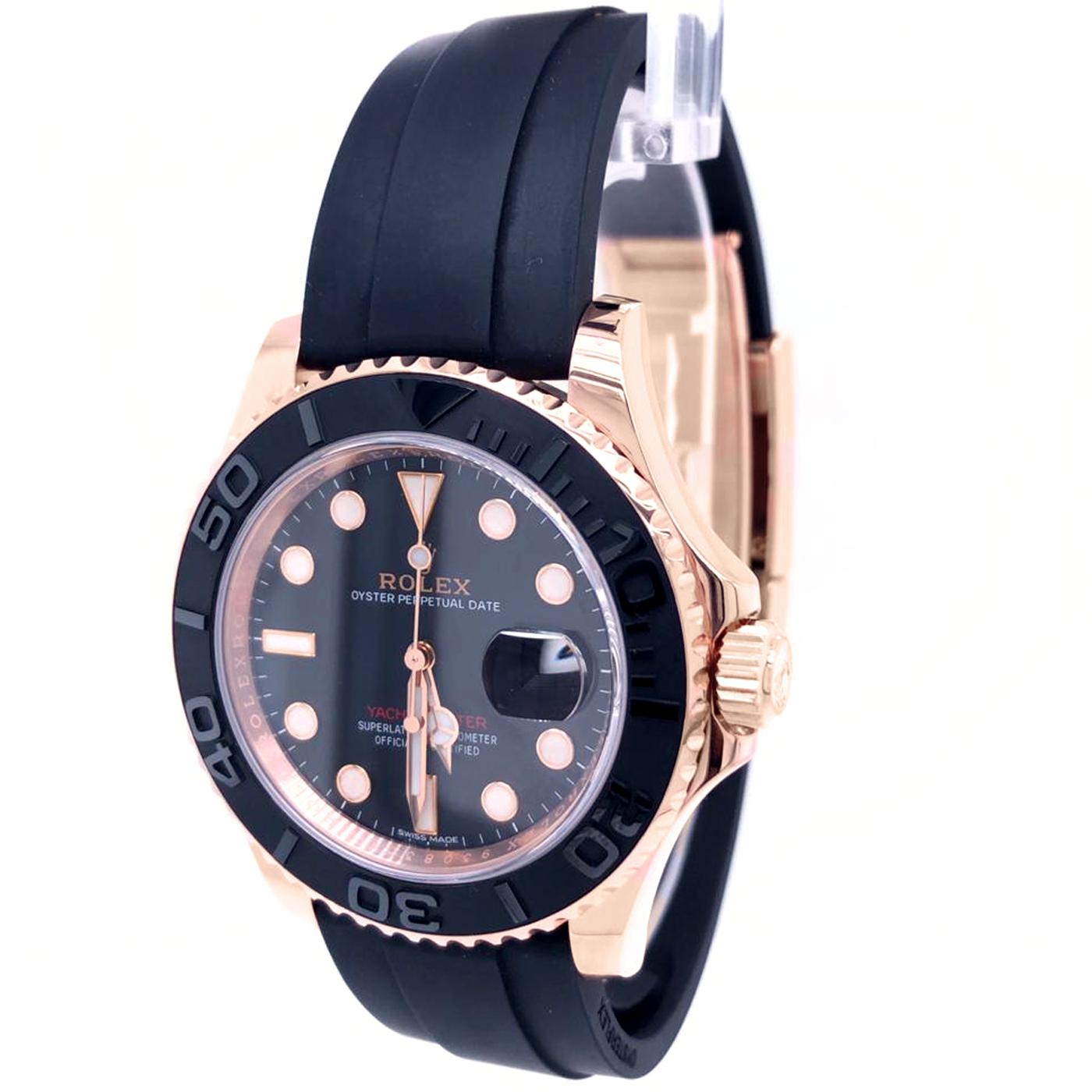The Oyster Perpetual Yacht-Master 40mm Everose gold with an Oysterflex bracelet. This model features an intense black dial and a Bidirectional rotatable 60-minute graduated bezel with matt black Cerachrom insert in ceramic, polished raised numerals,