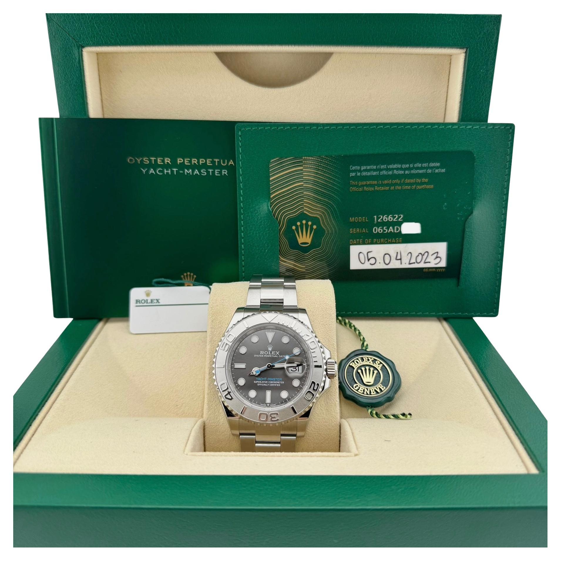 Style Number: 126622

Serial: 065AD***

Year: 2023

Model: Rolex Yacht Master

Case Material: Stainless Steel

Band: Stainless Steel

Bezel: Platinum

Dial: Slate Rhodium 

Face: Sapphire Crystal

Case Size: 40mm

Includes: 

-Rolex Box &