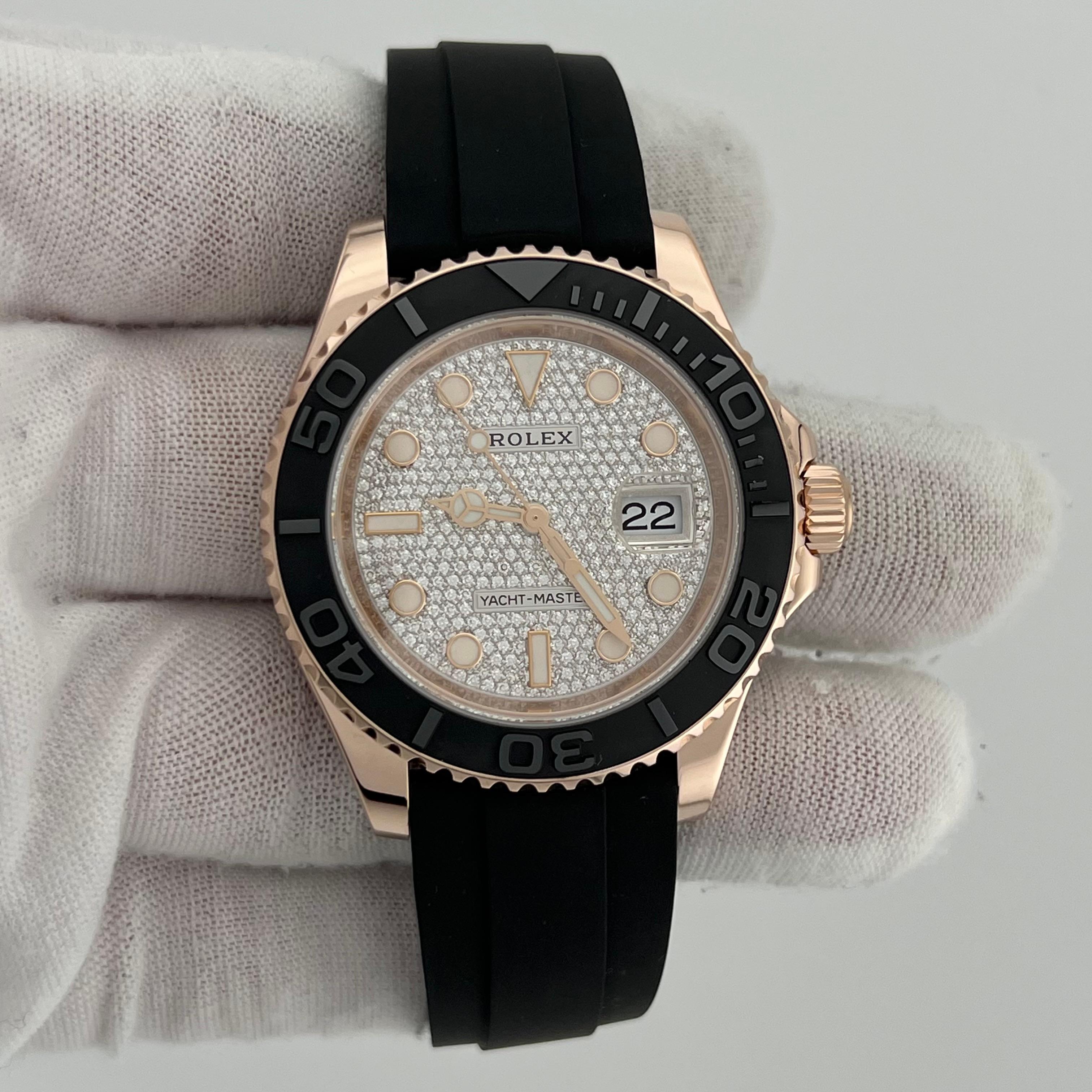 Men's Rolex Yacht Master 126655 Factory Pave Dial 18K Rose Gold Oysterflex Box Paper For Sale