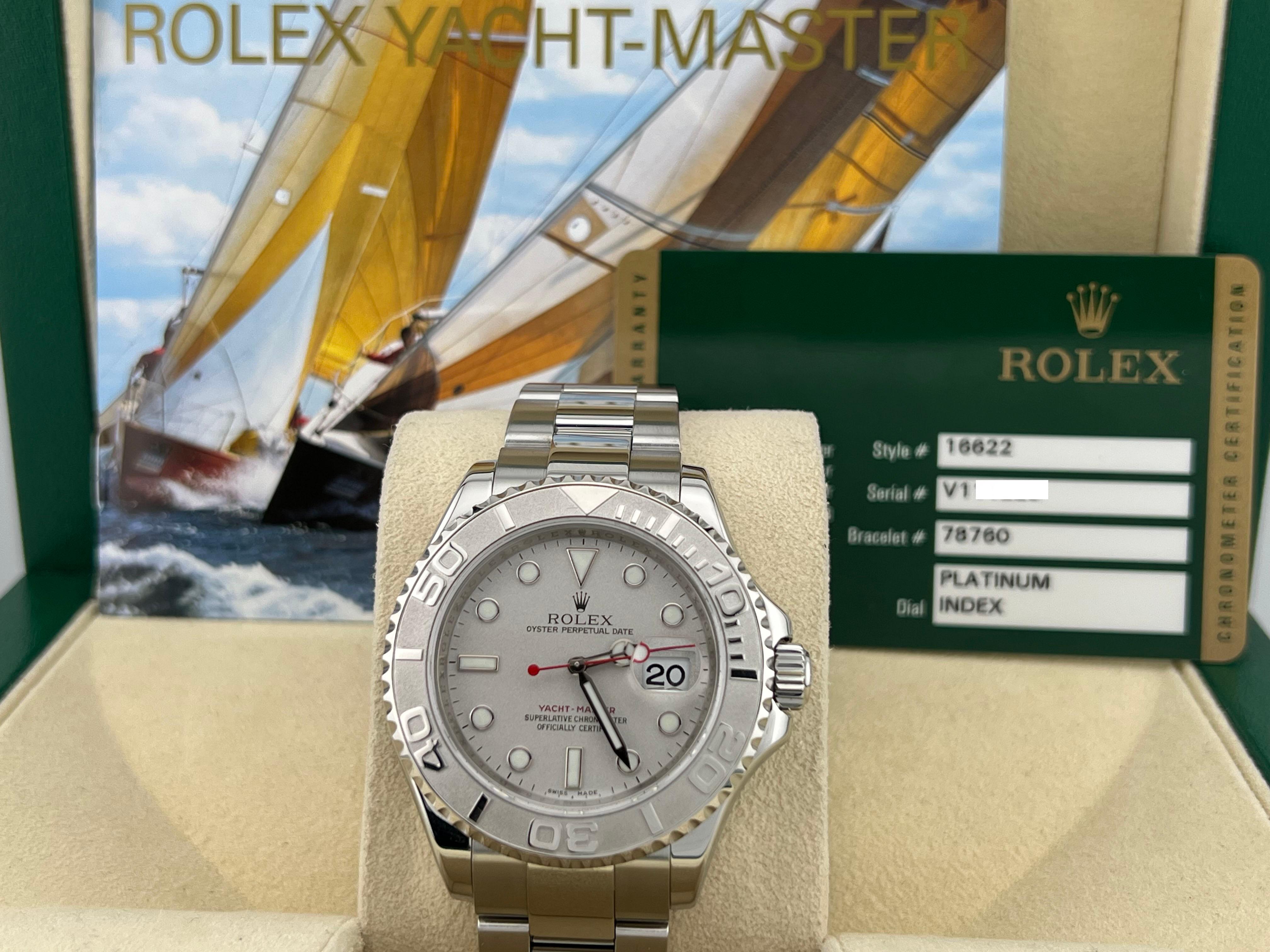 Style Number: 16622

Serial: V111***

Year: 2011

Model: Yacht Master

Case Material: Stainless Steel

Band: Stainless Steel

Bezel: Platinum

Dial: Silver

Face: Sapphire Crystal

Case Size: 40mm

Includes: 

-Rolex Box & Paper

-Certified