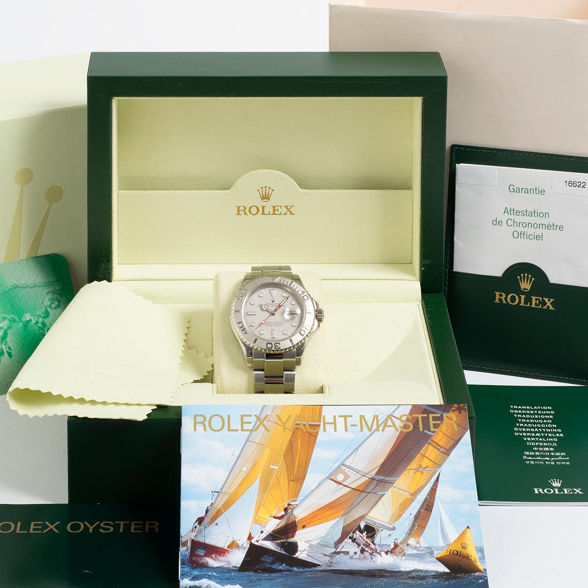 Our Rolex Yacht-Master 16622 40mm with stainless steel case and platinum bezel with platinum dust dial, is presented in outstanding condition with light signs of use from new. A complete set, our example comprises inner and outer box, card sleeve,