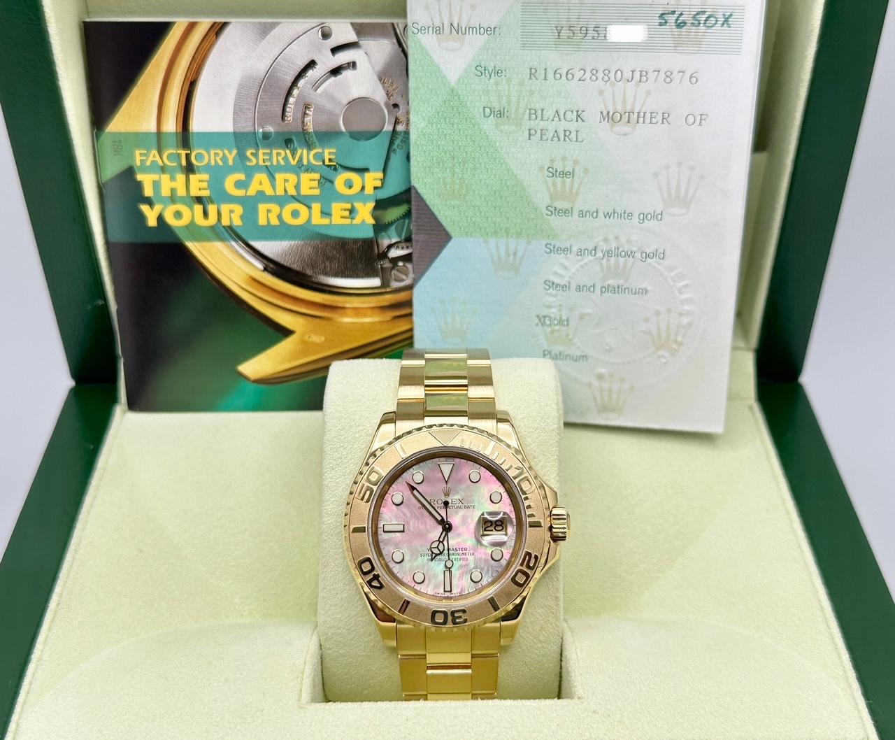 Style Number: 16628



Serial: Y595***



Year: 2003

 

Model: Rolex Yacht Master

 

Case Material: 18K Yellow Gold

 

Band: 18K Yellow Gold

   

Bezel: 18K Yellow Gold

   

Dial: Black Tahitian Mother of Pearl Dial

 

Crystal: Sapphire