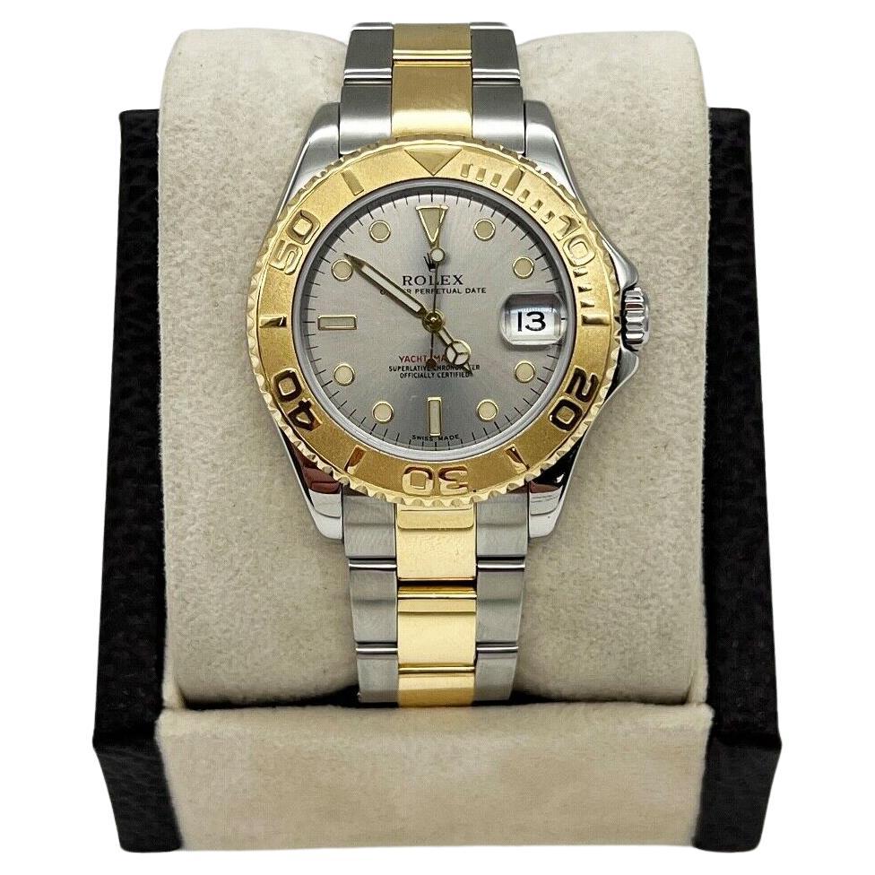 Rolex Yacht Master 168623 Silver Midsize 35mm 18K Gold Steel Box Service Paper For Sale