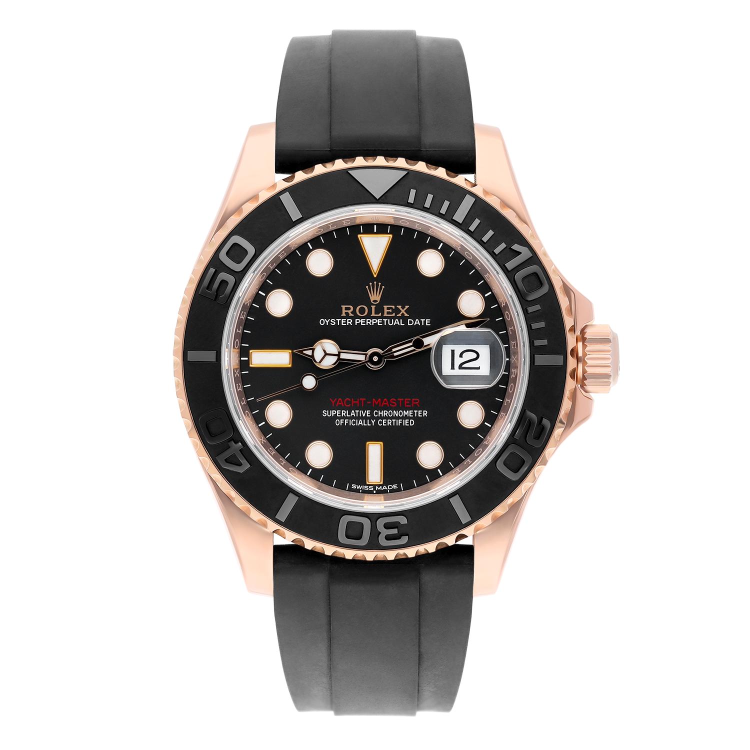 This Rolex Yacht-Master wristwatch is a luxurious timepiece that exudes elegance and style. Crafted from 18K rose gold, it features a polished case finish and a bidirectional rotating bezel that perfectly complements the black dial with luminous