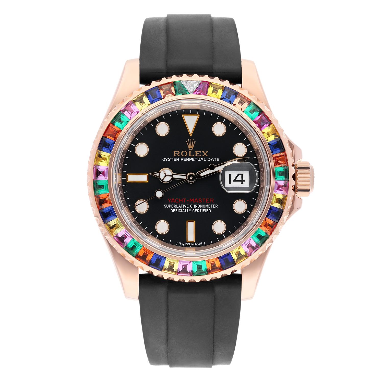 This Rolex Yacht-Master wristwatch is a luxurious timepiece that exudes elegance and style. Crafted from 18K rose gold, it features a polished case finish and a bidirectional rotating bezel custom set with semi precious gemstones that perfectly