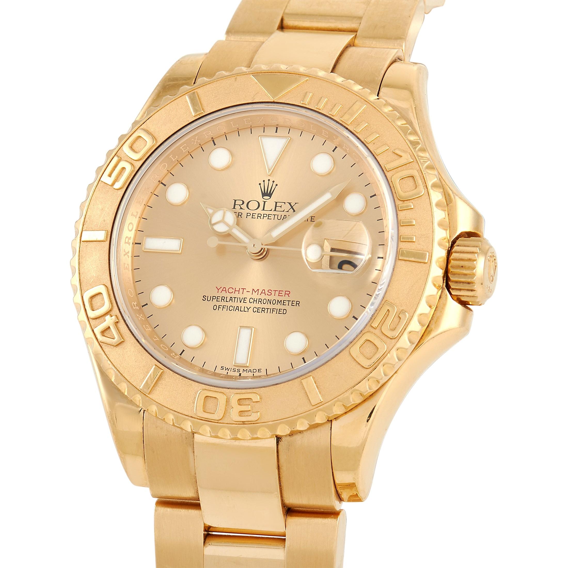 Although this sporty yet luxurious Rolex Yacht Master 18K Yellow Gold Champagne Watch 16628 will best complement a luxury boat, it also looks perfect at home on land. This full gold timepiece is a 2001 updated version with a champagne dial and white