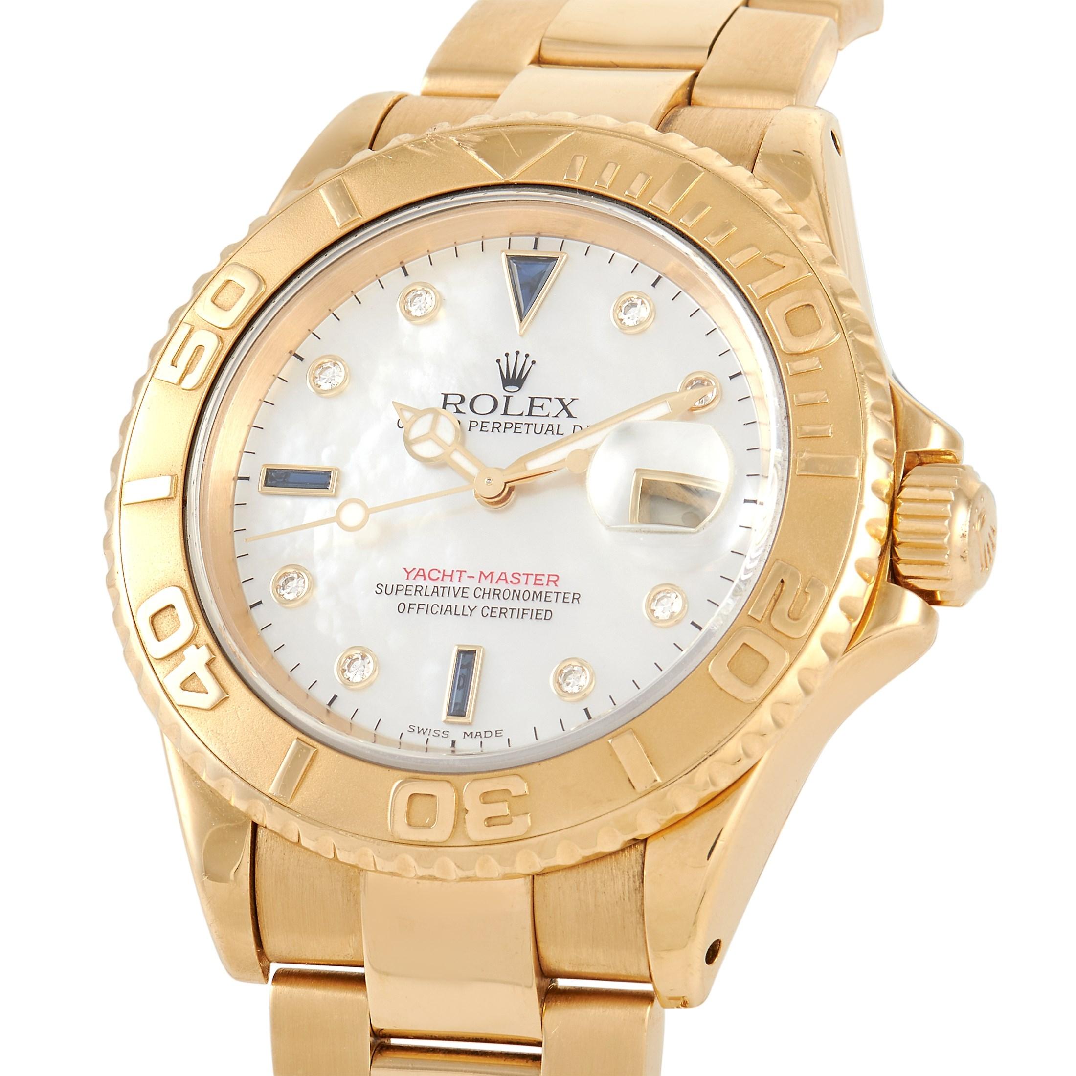 Produced in 1991 but released in 1992, this 18K yellow gold Rolex Yacht-Master 16628 is powered by a reliable caliber 3135 movement with 31 jewels and 50-hour power reserve. At 40mm, this timepiece sits comfortably on the wrist given its solid