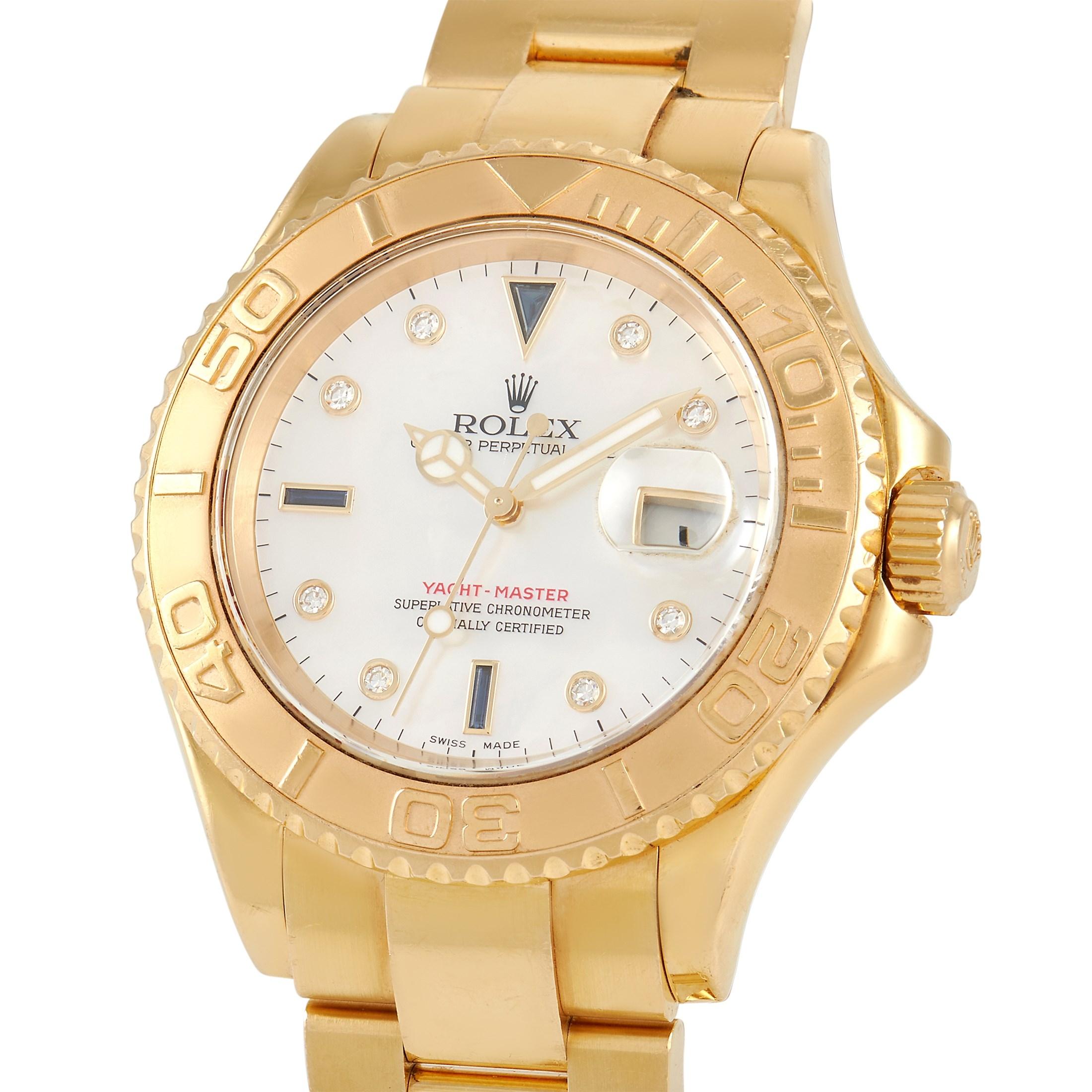 The perfect watch for sailing, the Rolex Yacht Master 18K Yellow Gold Mother of Pearl Watch 16628 is designed with a 60-minute rotatable bezel, water-resistance to 100 meters, and a reliable perpetual movement. The 40mm case is fashioned from solid