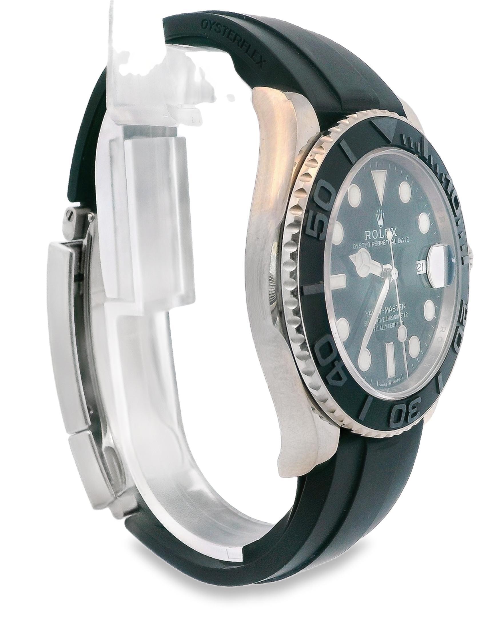 Reloj Rolex Oyster Perpetual Date Yacht-Master 226659 para hombre. Este reloj tiene una caja de 42 mm de oro blanco de 18 quilates y un bisel bidireccional con un diseño de oro blanco de 18 quilates y una inserción de cerámica negra. La esfera negra