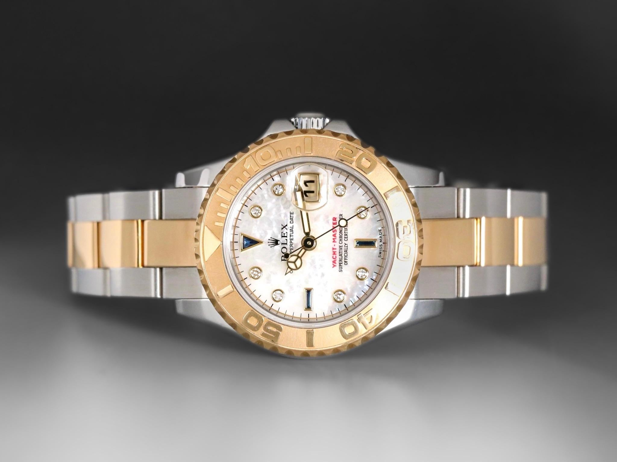 UnwornWatches proudly presents the This elegant Rolex Yacht-Master is a luxurious take on the classic sports watch, tailored for those who appreciate both style and performance. Featuring a 28mm Oyster case, this stunning timepiece is crafted in