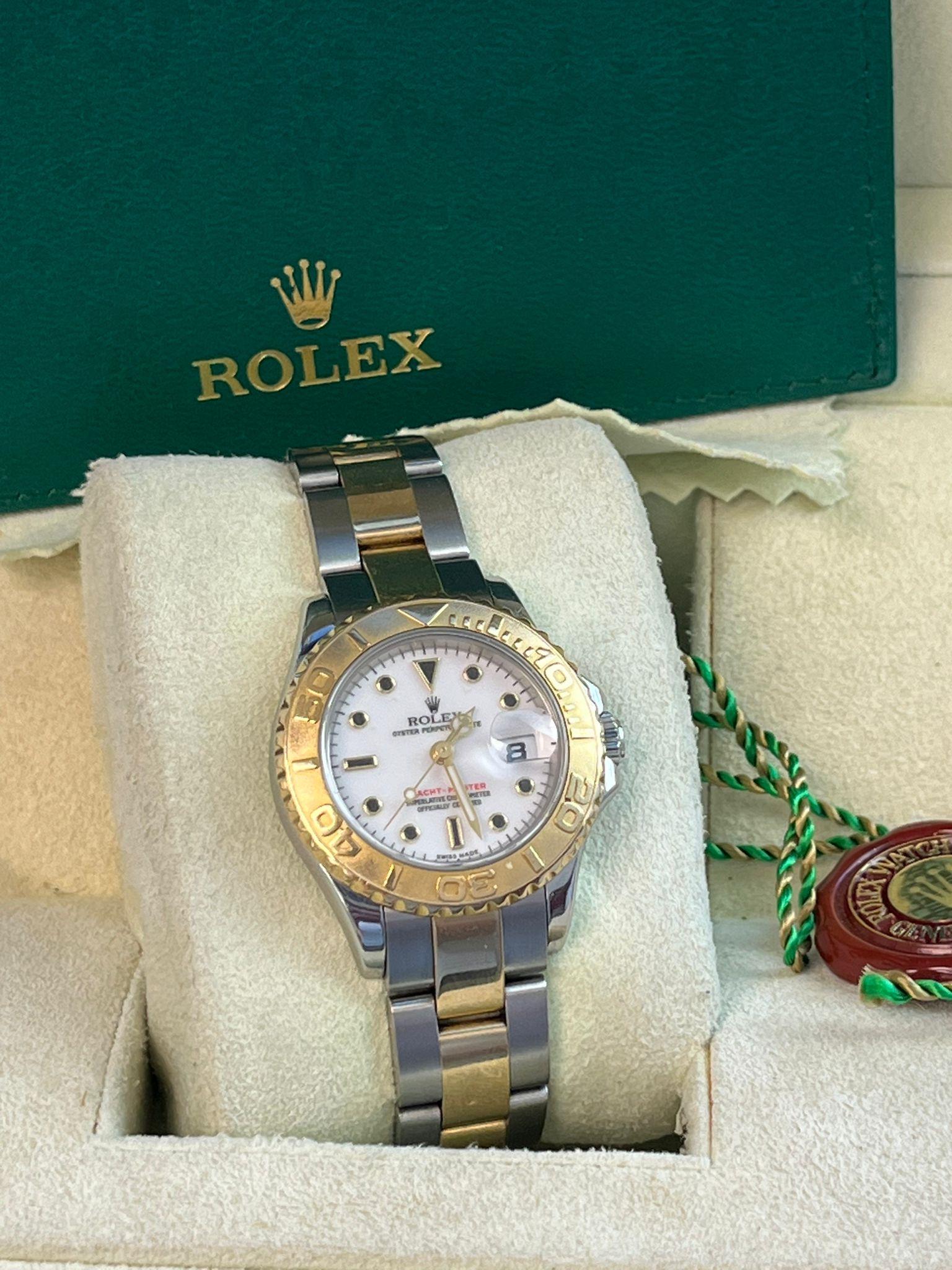 Rolex Yacht-Master 29mm Yellow Gold & Steel White Index Dial Women Watch 169623 In Good Condition In Aventura, FL