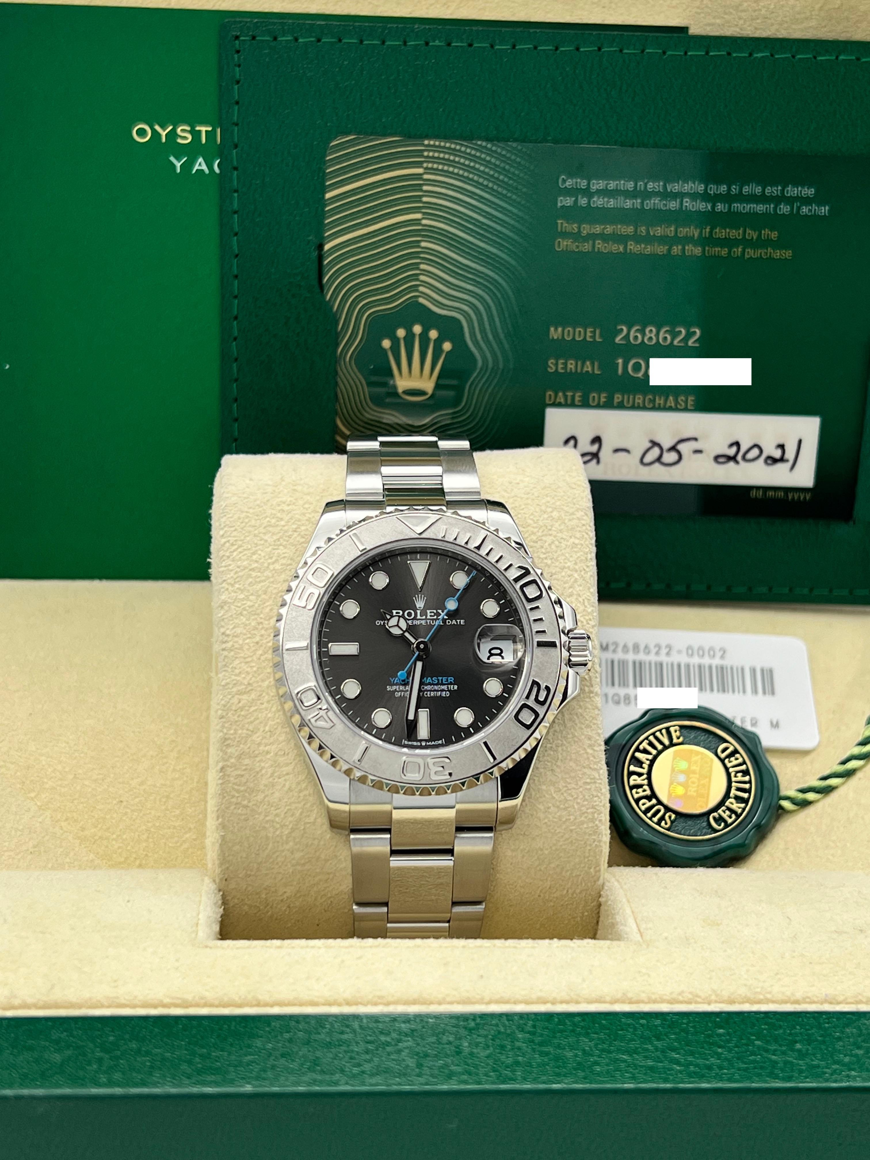 Rolex Yacht Master 37 268622 cadran rhodié platine lunette acier boîte papier 2021 Excellent état - En vente à San Diego, CA