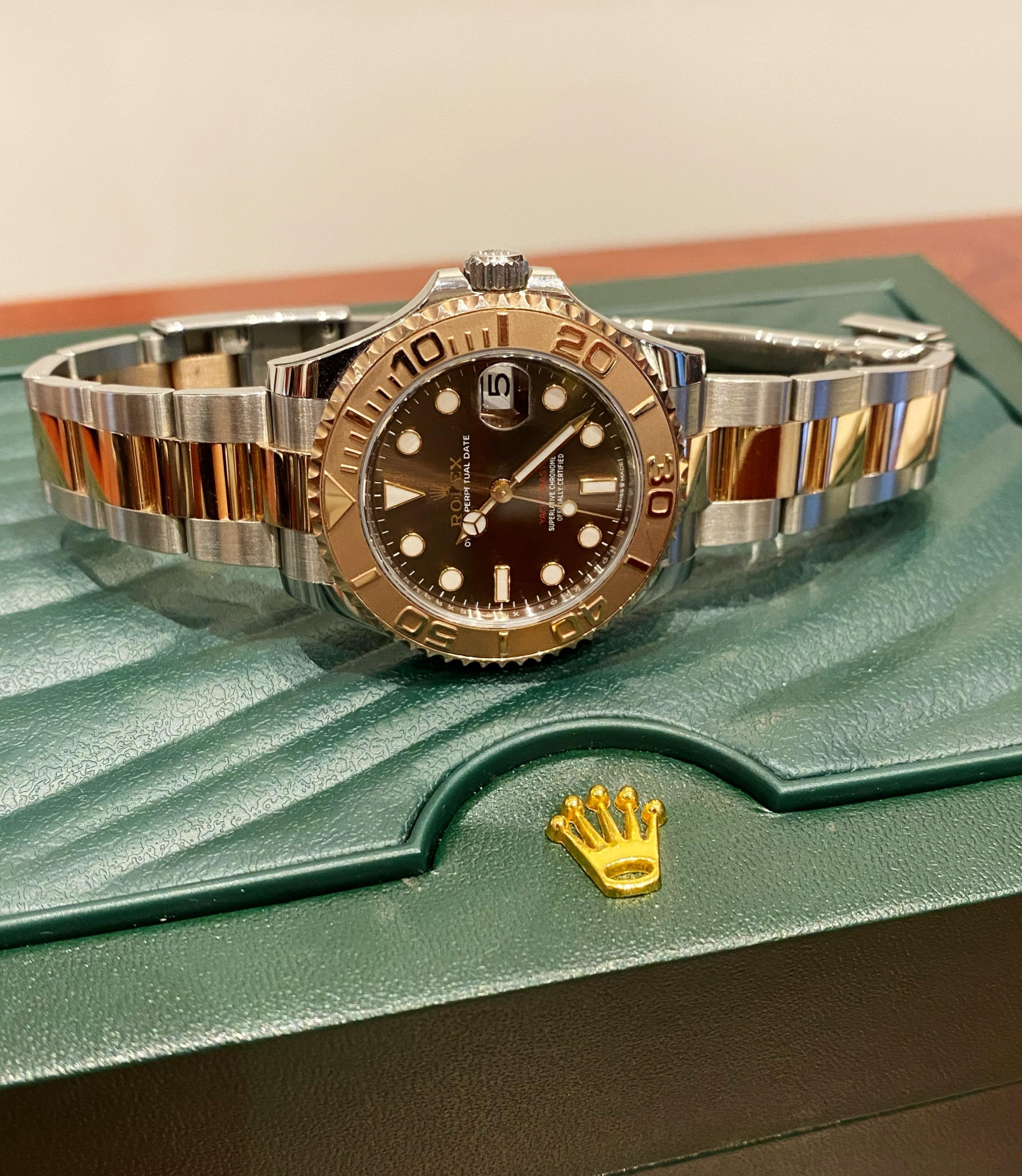 Modern Rolex Yacht-Master 37mm ref 268621 18K Rose Gold & Steel Chocolate Dial, c2023  For Sale