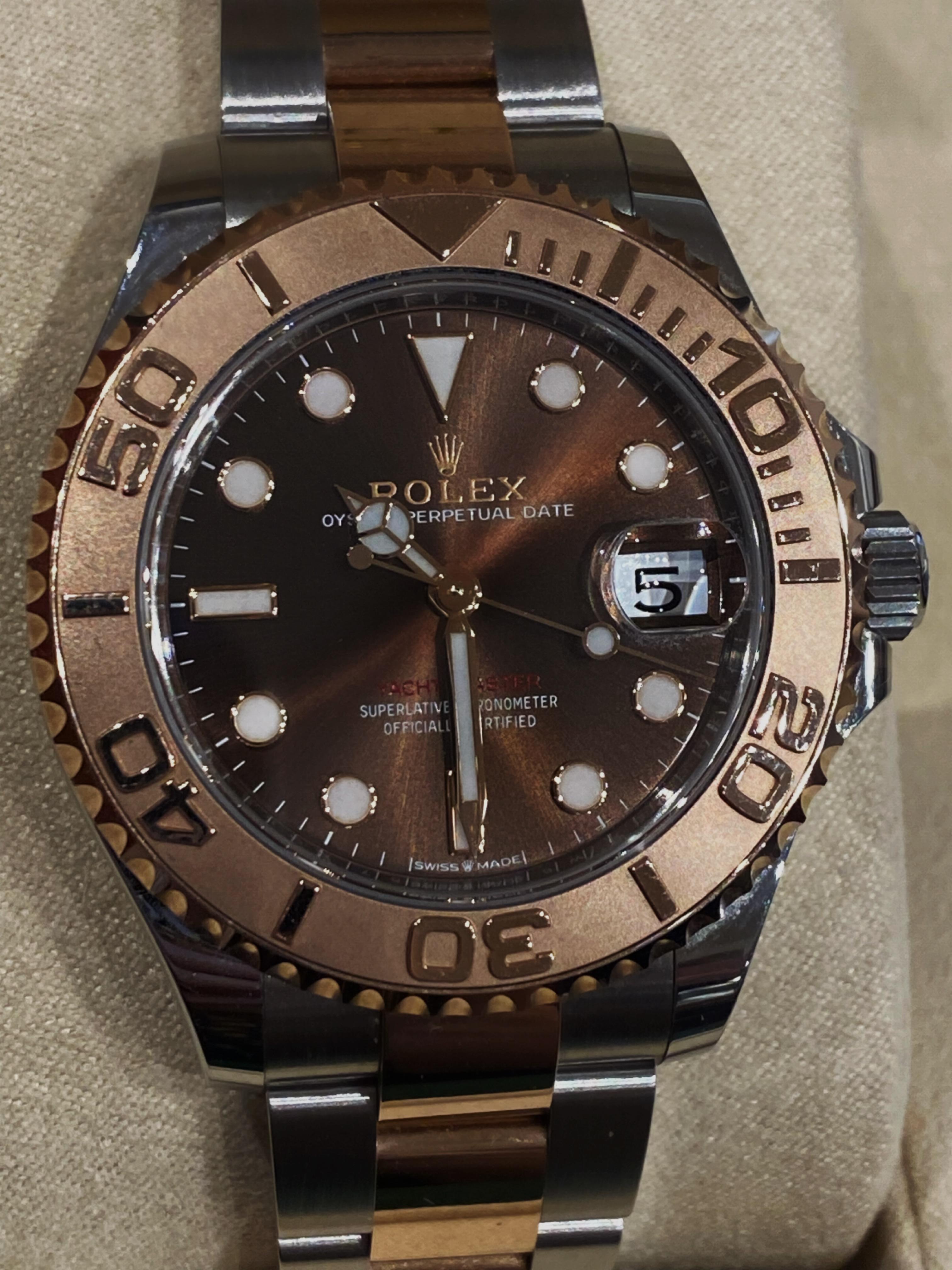Women's or Men's Rolex Yacht-Master 37mm ref 268621 18K Rose Gold & Steel Chocolate Dial, c2023  For Sale