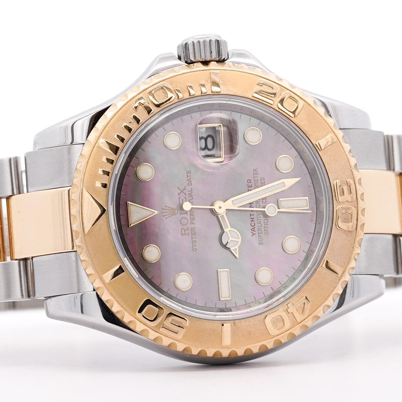 Modern Rolex Yacht-Master 40 16623 Factory Black Mother of Pearl Dial 2 Tone Watch For Sale