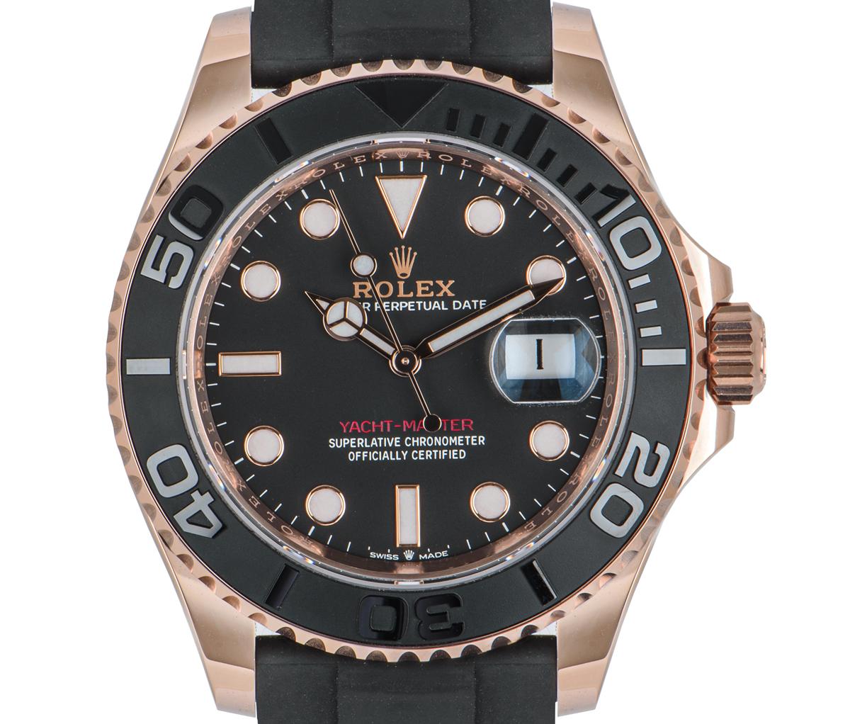 An unworn 40mm Yacht-Master in rose gold by Rolex. Featuring an intense black dial with the date and a matt black ceramic bidirectional rotatable bezel with raised 60-minute numerals and graduations.

The black Oysterflex bracelet comes with a